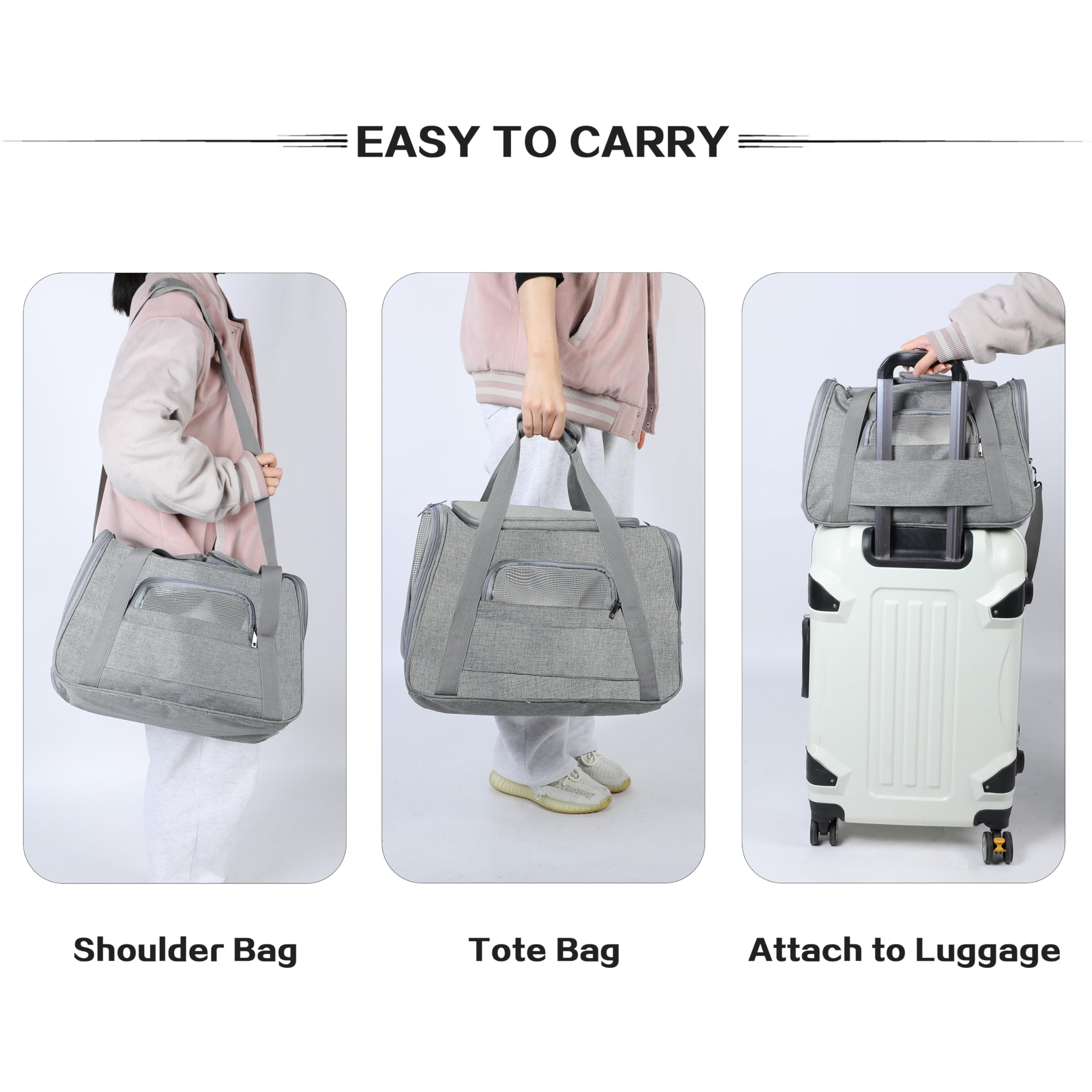 FluffyDream Haustier-Reisetasche, weiche Seiten, tragbare Tasche für Katzen, kleine Hunde, Kätzchen oder Welpen, faltbar, langlebig, von Fluggesellschaften zugelassen, reisefreundlich (grau, 43,2 cm L