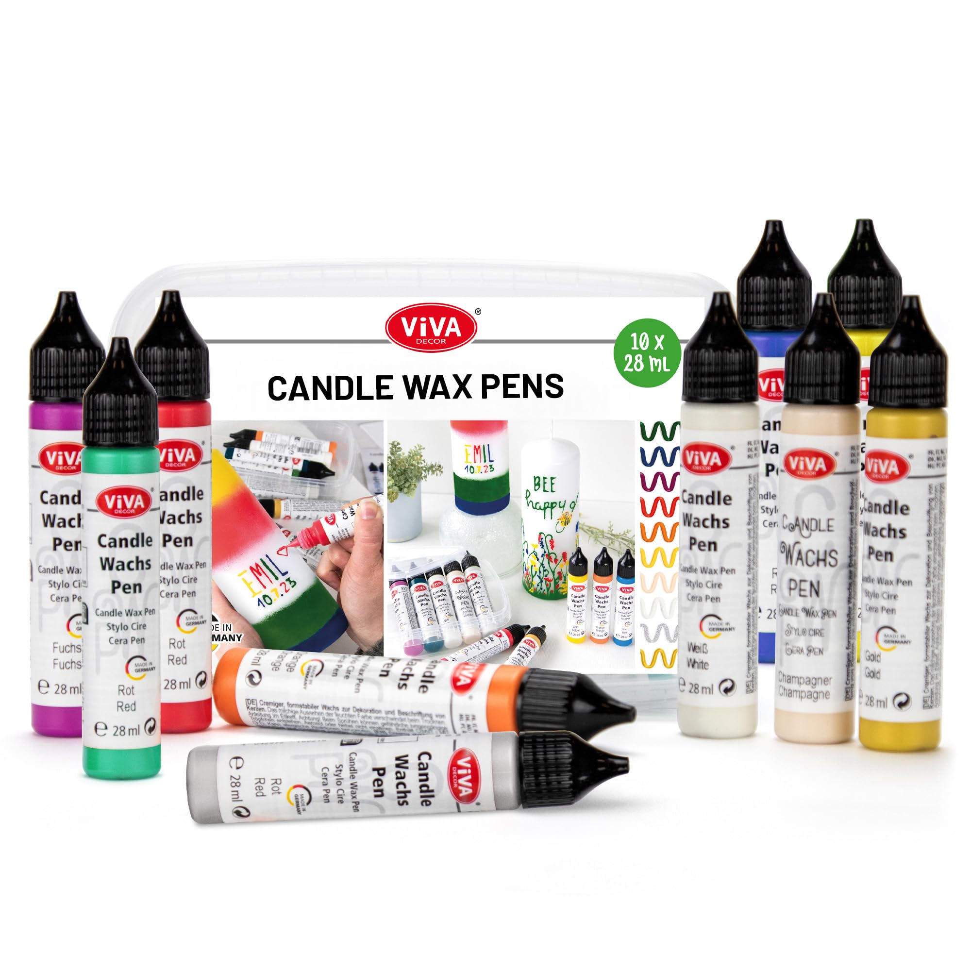 LM-Kreativ Candle Wax Pen Set - Festive Seasons - 10 Colors 0.95 fl. oz Each in Storage Box | DIY Candle Decorating Kit | Wax Pens for Baptism & Holiday Candles | Candle Paint Pens | Gift & Craft Set