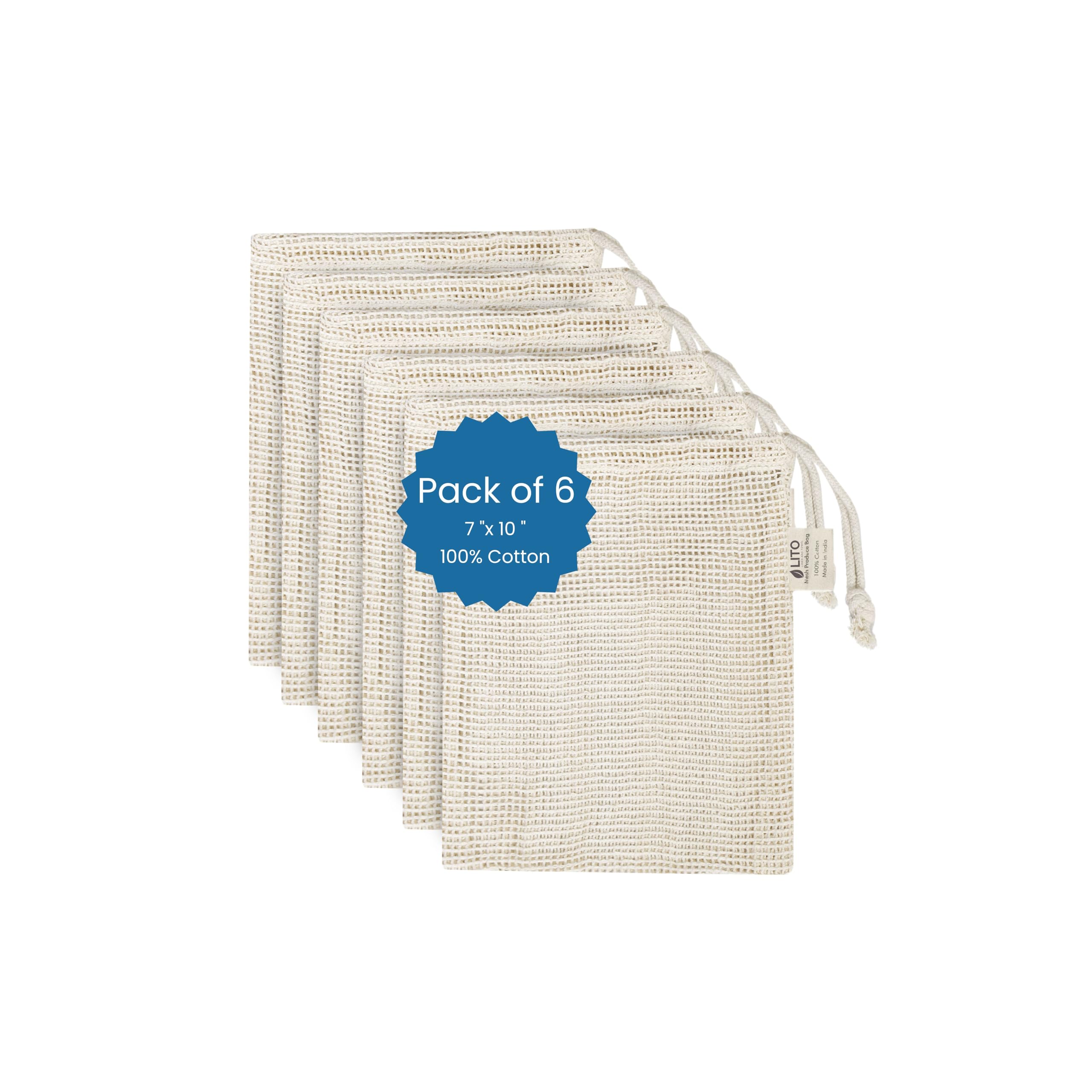 LITO LINEN AND TOWEL Produce Bags| Storage with Drawstrings | Cotton Mesh for Vegetables, Fruit, Onion & Grocery Shopping| Reusable Washable Food Bag|