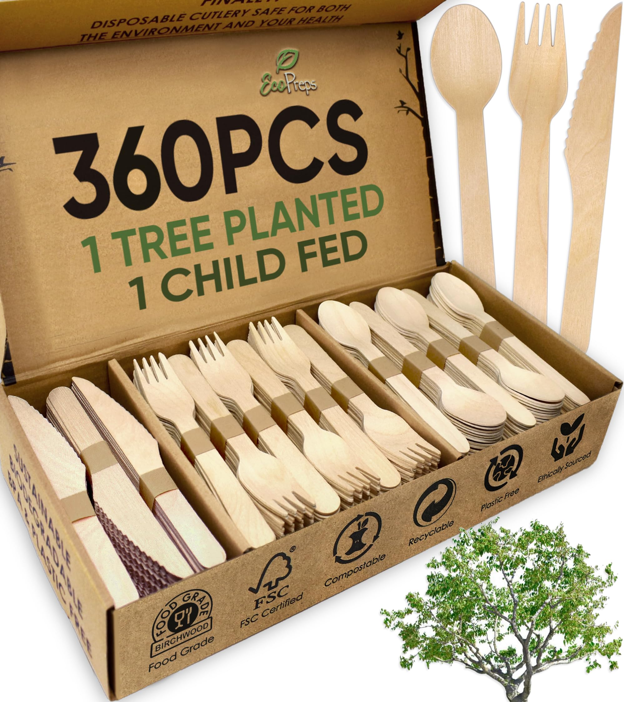 EcoPreps Set di posate in legno compostabile al 100% (350 pezzi, 150 forchette, 125 cucchiai, 75 coltelli), ecologici, naturali, biodegradabili, set di utensili usa e getta in legno, forchette,