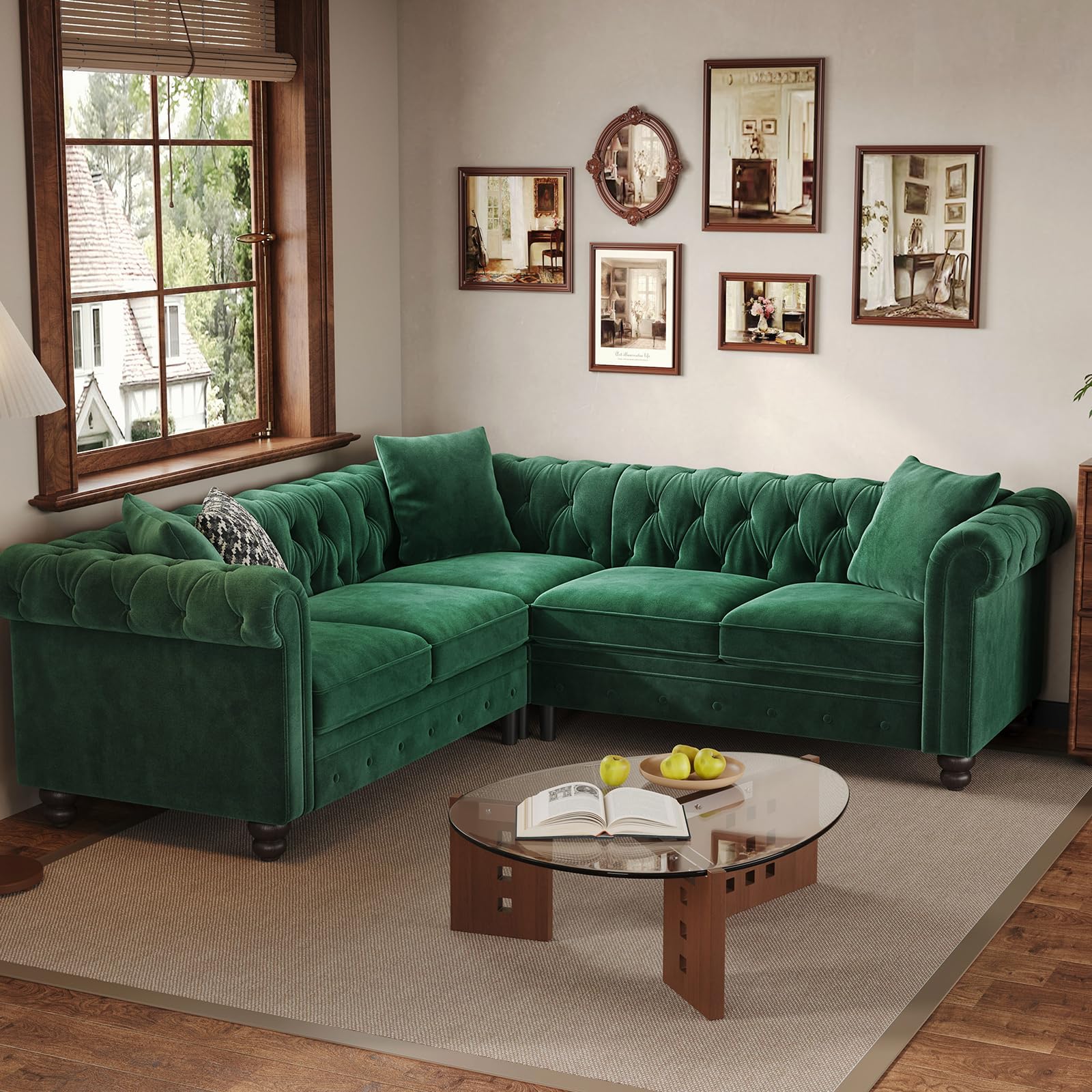 Velvet Chesterfield Sofa, L Shaped Sectional Sofa with Tufted Back & Rolled Arms, 3 Throw Pillows, Small Corner Sectional Couch for Living Room, Apartment, Green