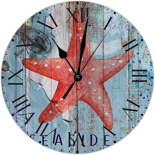ArogGeld Reloj de pared rústico de PVC con diseño de estrella de mar con temática de playa reloj de pared colgante con números romanos de 10
