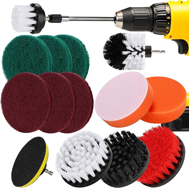 DAKCOS 15 Piece Drill Brush Cleaning Set Power Scrubber Drill Brush attachment Kit with 6"Extension Bar Drill Brushes for Cleaning Bathroom Surfaces Floor Tub Shower Tile Kitchen Automotive Grill