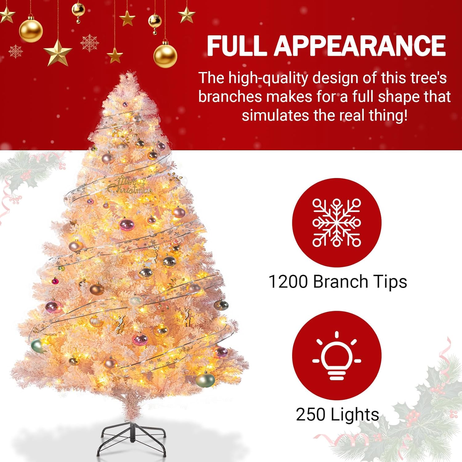 Erivess 7FT Prelit Pink Flocked Artificial Christmas Tree with 250 Warm White Lights