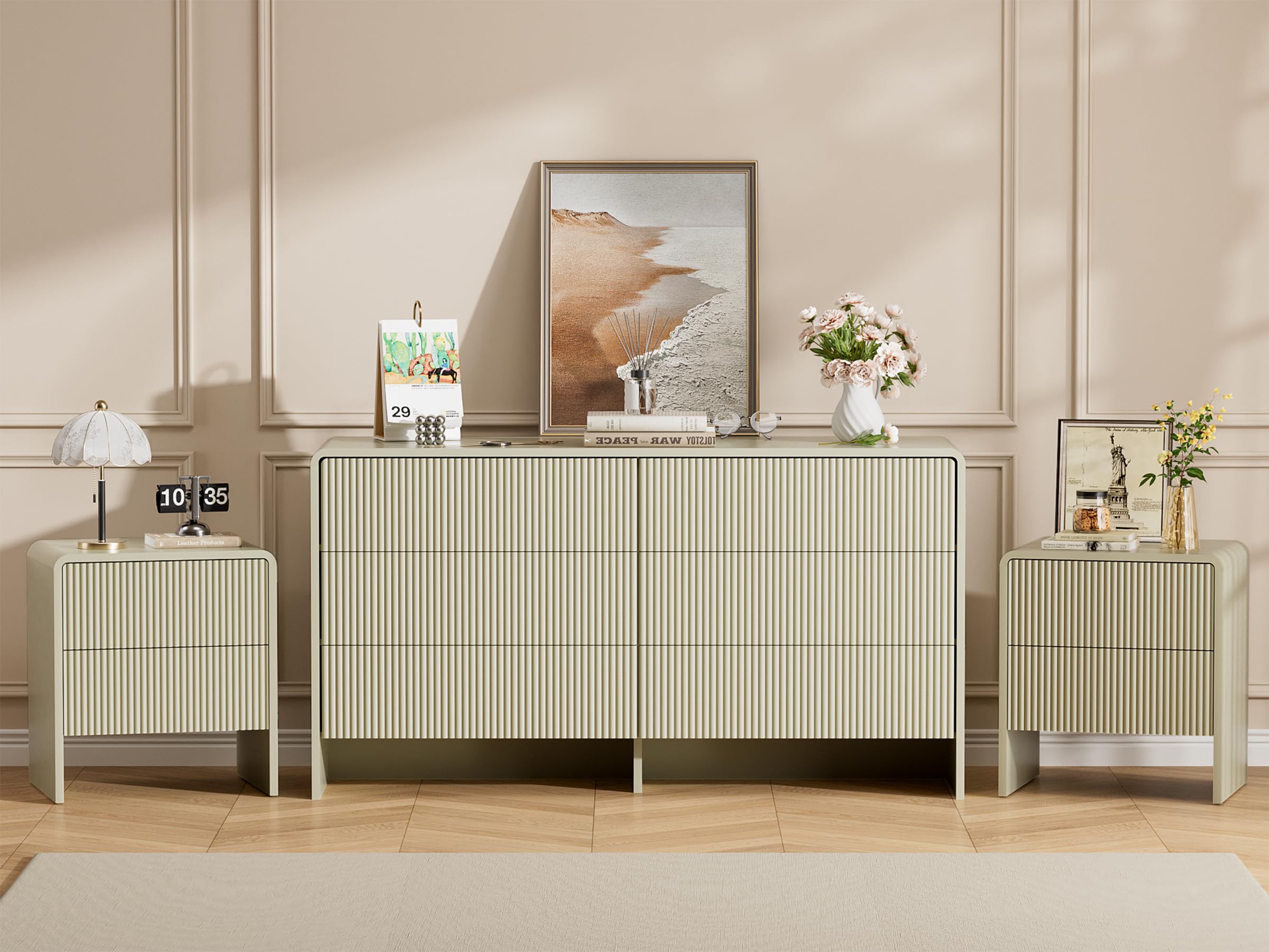 Furniway 3 Piece Bedroom Dresser Set, 6 Drawer Dresser with 2 Nightstands, Fluted Chest of Drawers with Pop-Up Design, Modern Storage Furniture for Bedroom, Living Room, Entryway, Beige