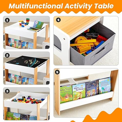 Miniatura 6 de Asweets Juego de mesa y silla para niños, escritorio 4 en 1 con cajón de almacenamiento, mesa de actividades de madera para mesa desmontable 2 en 1,