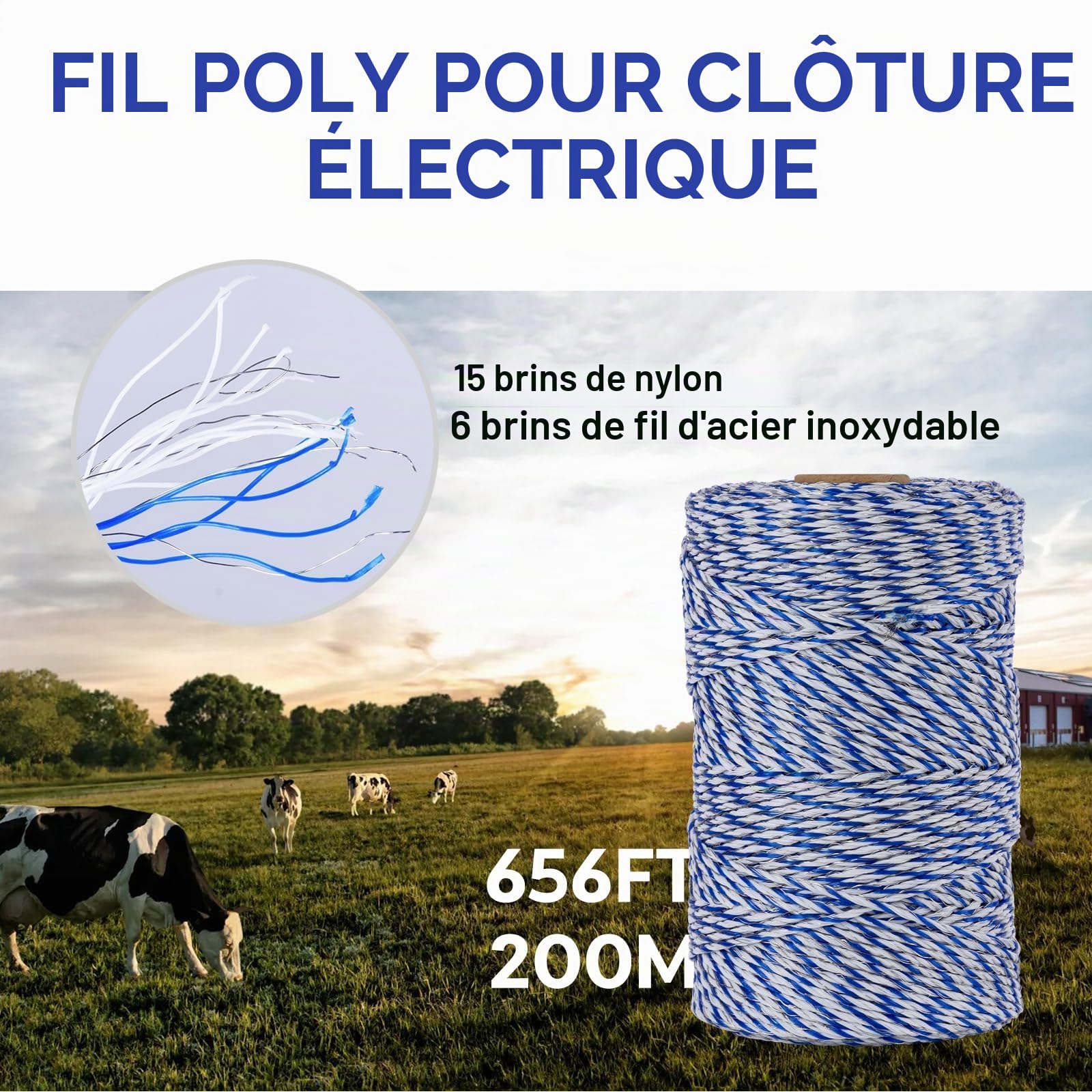Corde pour Clôture Électrique, Fil Électrique Polyfile, 6 Brins Acier Inoxydable + 15 Brins PE, Corde Conductrice Bleu et Blanche (200m) + 50 Isolateurs + 1 Guide de Vis