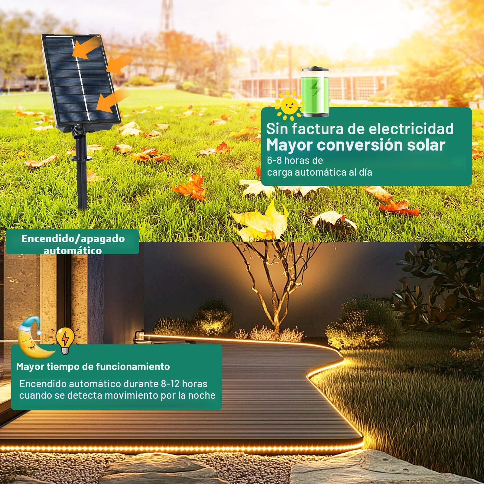 Tiras de luces LED solares al aire libre, tira de luces LED de 5M con 320 luces LED con control remoto, 8 modos de luces de jardín solares al aire libre, luz de cuerda impermeable para cerca, porche