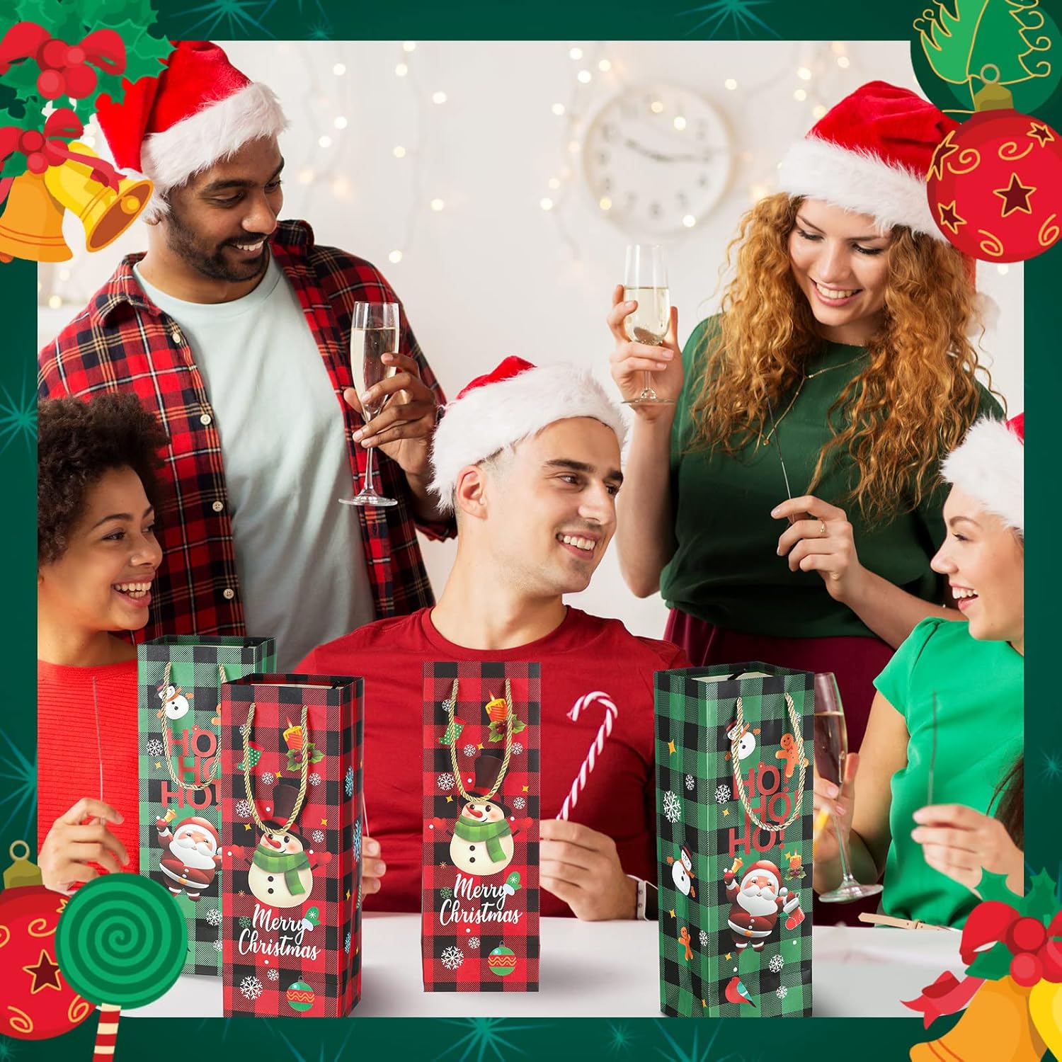Sepamoon 36 Packs Christmas Wine Gift Bags Buffalo Plaid Wine Bottle Bags Christmas Wine Tote Bag Kraft Paper Xmas Wine Bag with Handles for Holiday Party Favors Bulk Wine Bottle Covers