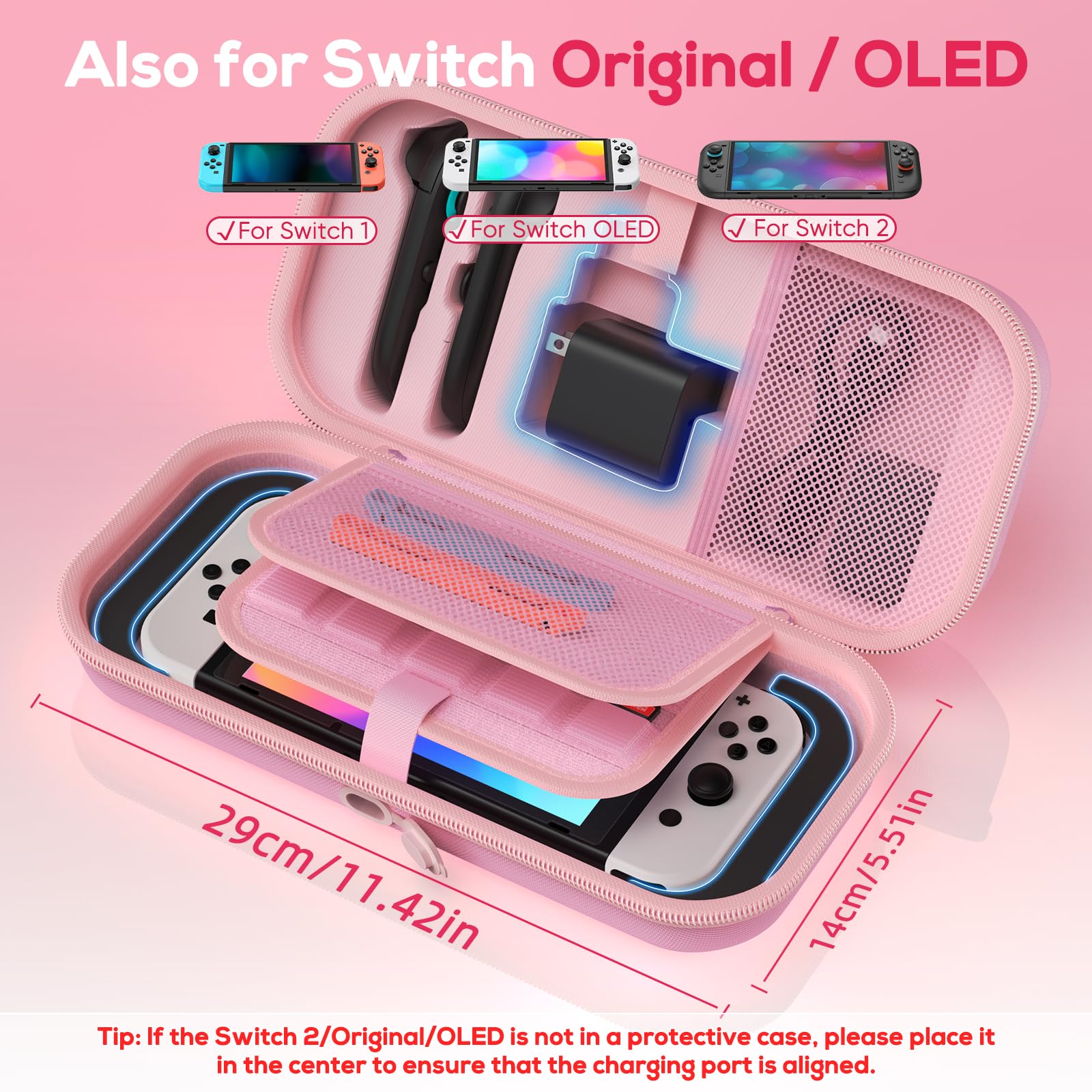 [Carga Interior] Funda para Nintendo Switch 2/OLED/Original, Gran Funda Rígida para Adaptador y Joypad Almacenamiento, Bolsa de Viaje Fundas para Switch Console con 22 Ranuras para Tarjetas de Juego