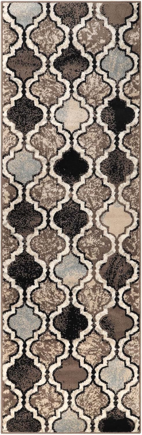 Superior Indoor Runner Rug, Jute Backing, Modern Plush Rugs for Hallway, Living, Dining Room, Bedroom, Office, Kitchen, Entryway, Geometric Trellis Floor Decor, High-Traffic Rugs, 2' 7 x 8', Ivory