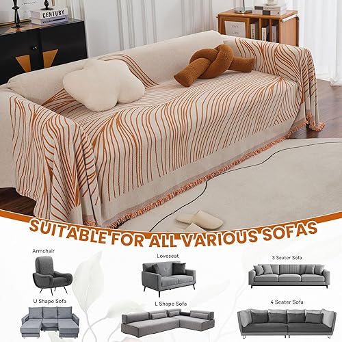 Miniatura 3 de VClife Funda de sofá grande de felpilla para sofá de 2 cojines, moderna funda de sofá a rayas beige caramelo para niños, protector de sofá modular