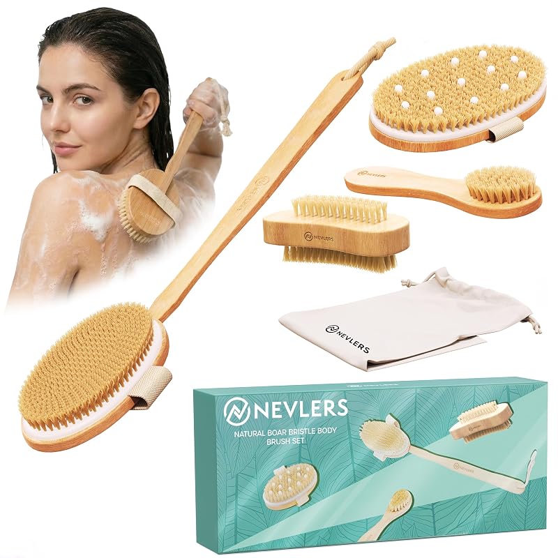 Nevlers Kit com 5 Escovas de Madeira e Cerdas Naturais de Javali para Banho e Corpo