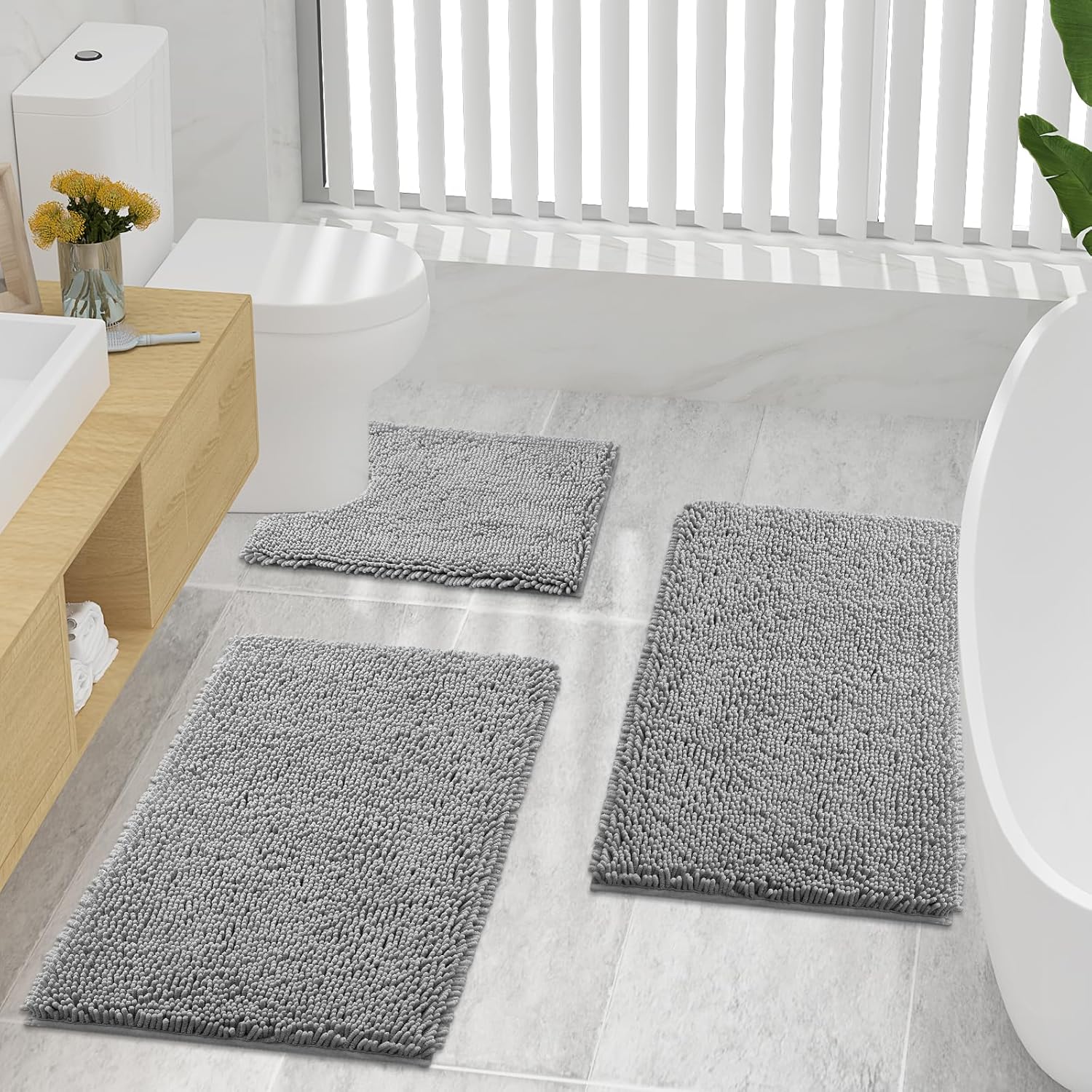 Smiry Chenille Bathroom Rugs 24x16 and U-Shaped Toilet Bath Rugs 20x20, Extra Soft and Absorbent Shaggy Bath Mat, Machine Washable, Non-Slip Plush Carpet, Grey