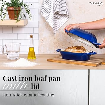 Dutch Oven For Sourdough Bread Baking Enamelled Cast Iron Bread Loaf Pot Oven Safe Non Stick Bread Pot Rectangular, Dark Blue, 24cm x 16cm by Nuovva
