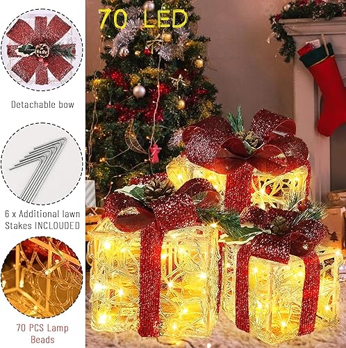 Miniatura 3 de Cajas de regalo iluminadas de Navidad, enchufables, color blanco cálido, 70 cajas de regalo con luz LED, para exteriores, interiores, para árbol de