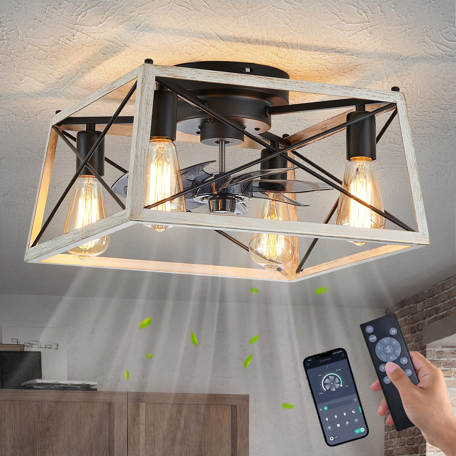 Dalouguan Rustic White Caged Ceiling Fan with Light, 4-Light Ceiling Fan with Lights and Remote, Farmhouse Ceiling Fan for Living Room Bedroom Kitchen
