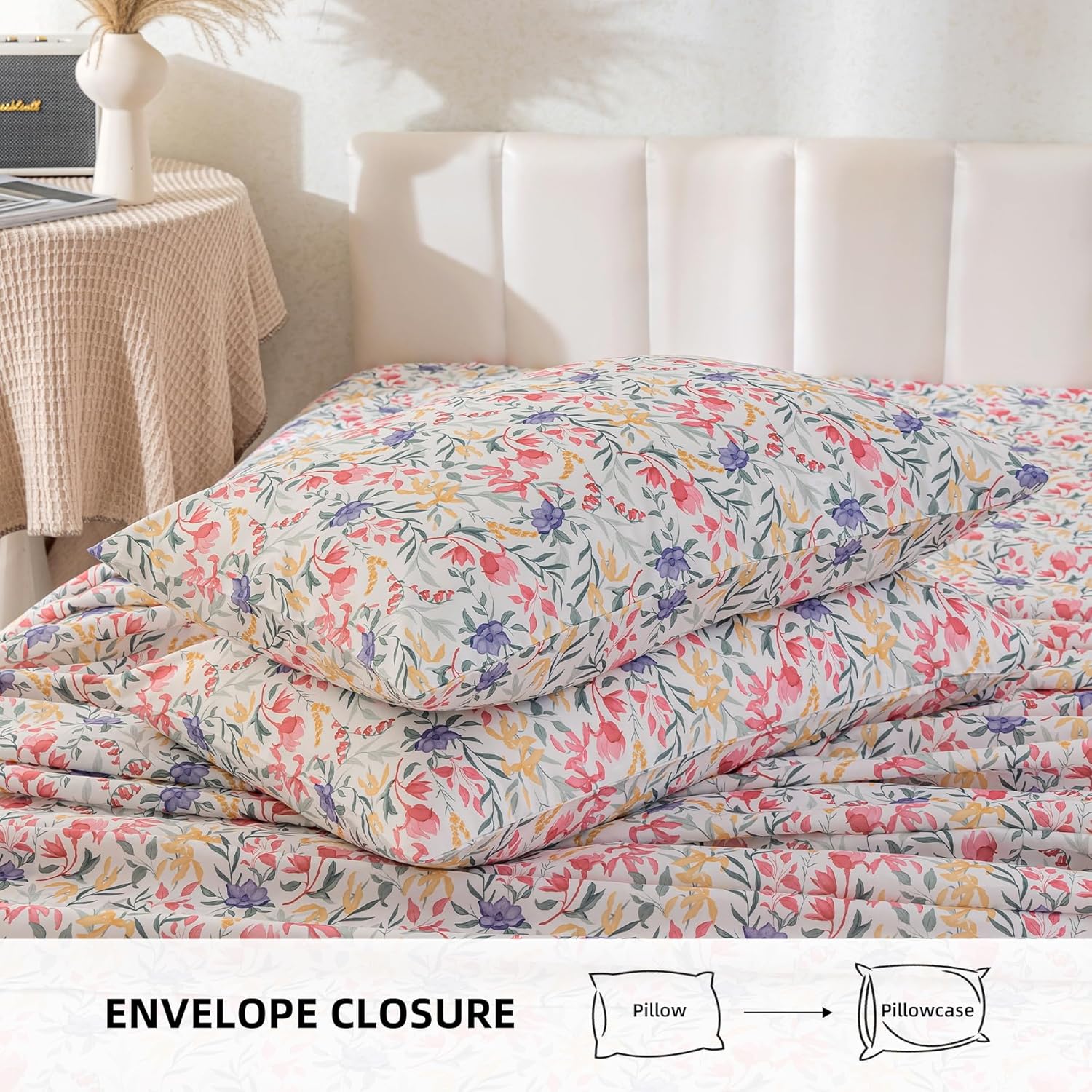 Floral Bed Sheets Queen Size 18” Deep Pocket Queen Sheets Soft Breathable Floral Sheets Queen Size Bed Set with 1 Flat Sheet, 1 Fitted Sheet, 2 Pillowcases (Queen, Blooming Romance)