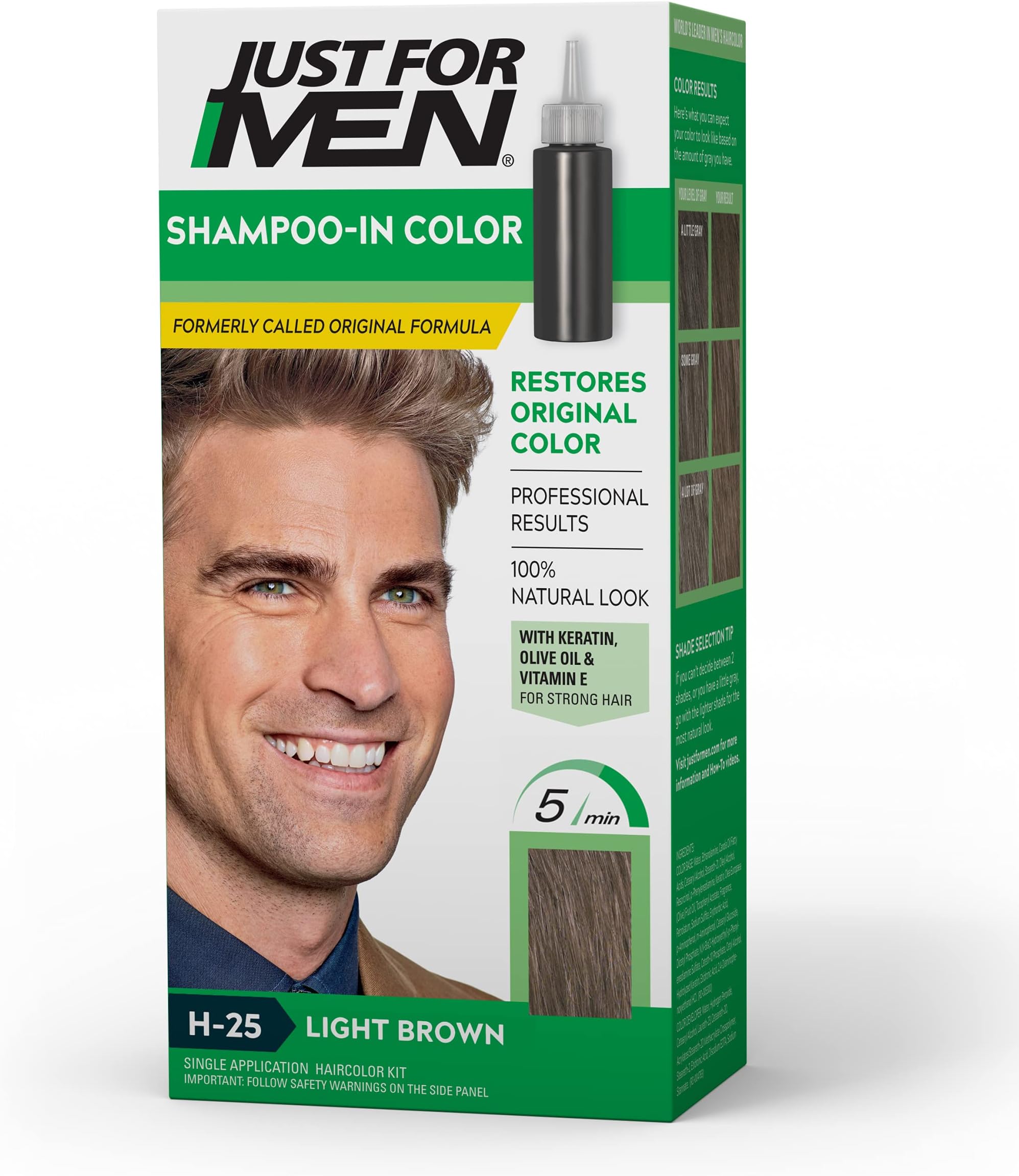 Just For Men Shampoo-In Color (Formerly Original Formula), Mens Hair Color with Keratin and Vitamin E for Stronger Hair - Light Brown, H-25, Pack of 1