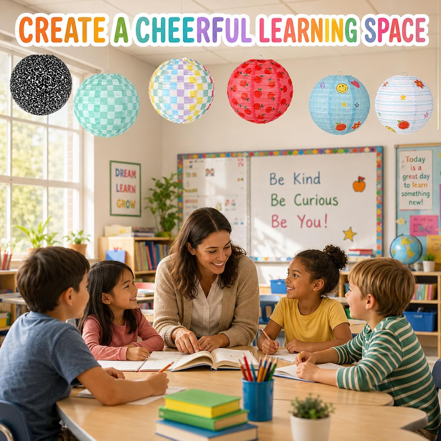 12 PCS Composition Notebook Classroom Hanging Paper Lanterns Back to School Party Decorations Pastel Checkered Pencil Apple Ceiling Hanging Decorations for School Birthday Party Home Decor