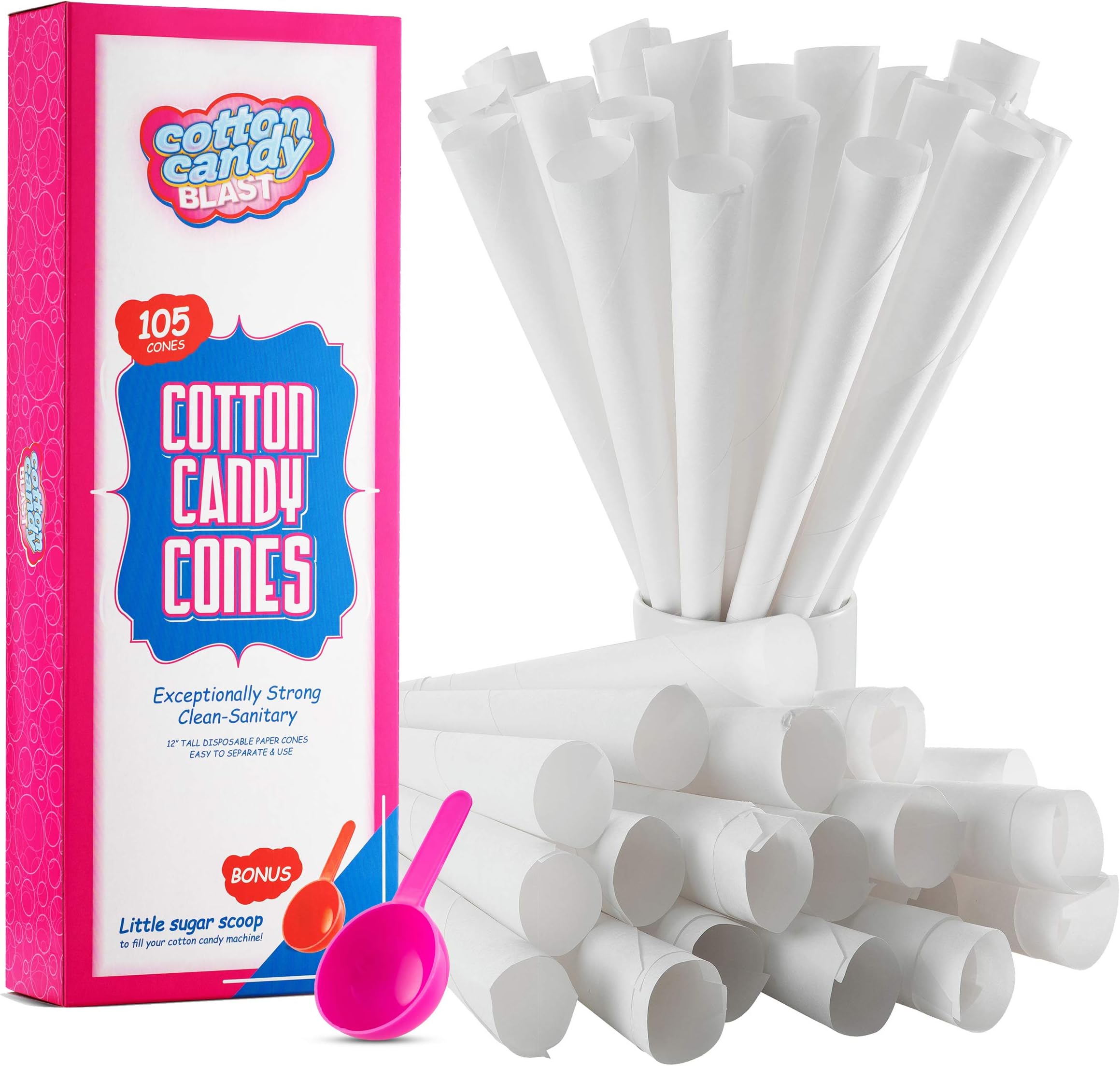 Cotton Candy Cones with Bonus Little Sugar Scoop For Easy Pouring, 105 Cotton Candy Paper Cones, White