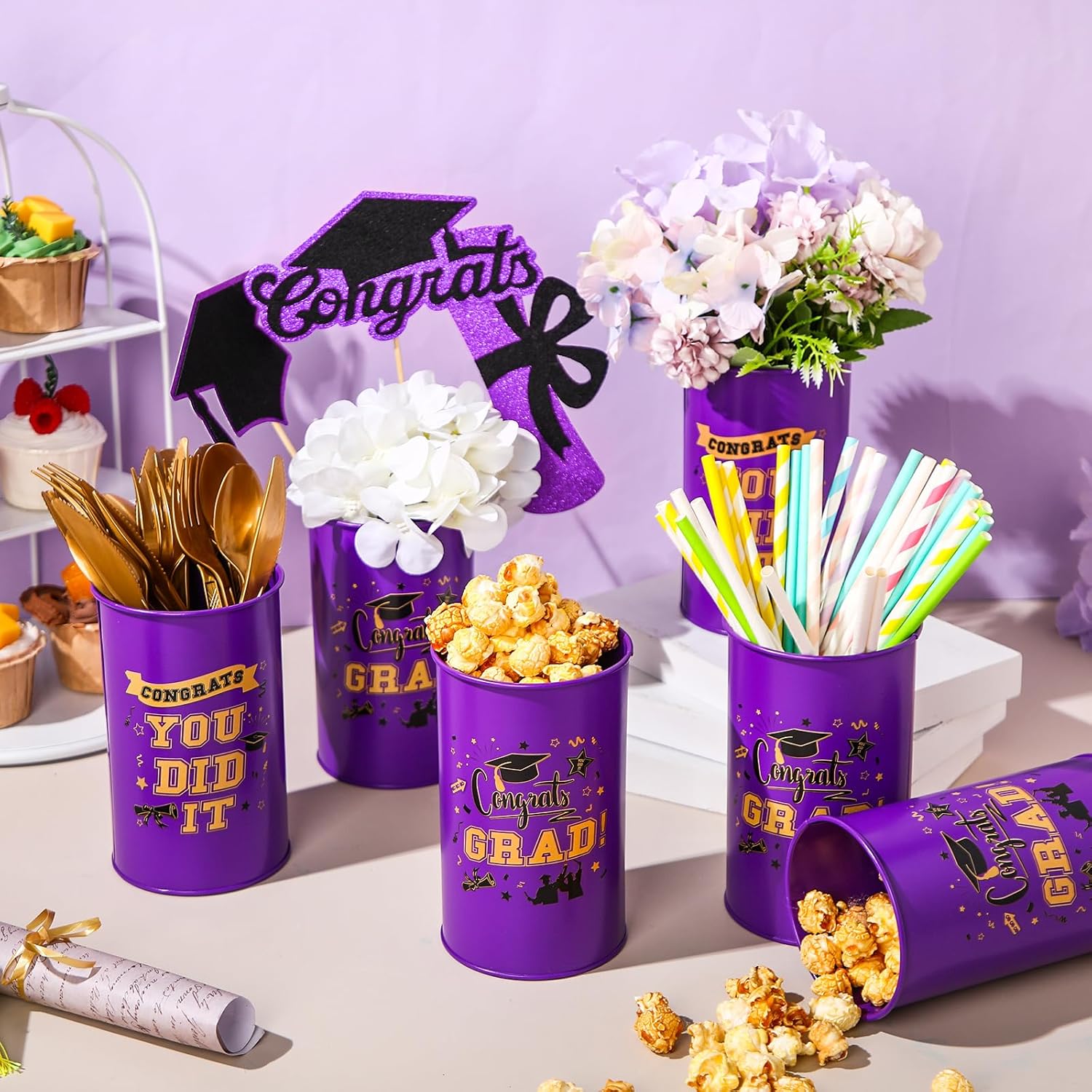 Domensi 6 Pcs 2026 Graduation Table Centerpiece Vase Decorations Class of 2026 Galvanized Metal Tin Vases for Artificial Flowers Grad Caps Cutlery Utensil Holder for Party Supplies Gifts(Purple)