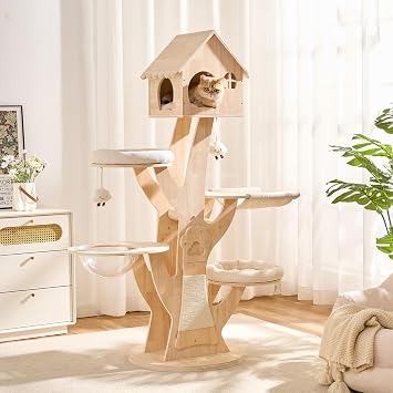 Natural Wood Cat Tree Tower, 65 inch Multi-Level Sculptural 3D Vertical Cat House with Space Capsule Bed, Sisal Scratching Post, Cozy Perches & Hammock, Stable Cat Activity Tree for Indoor Cats