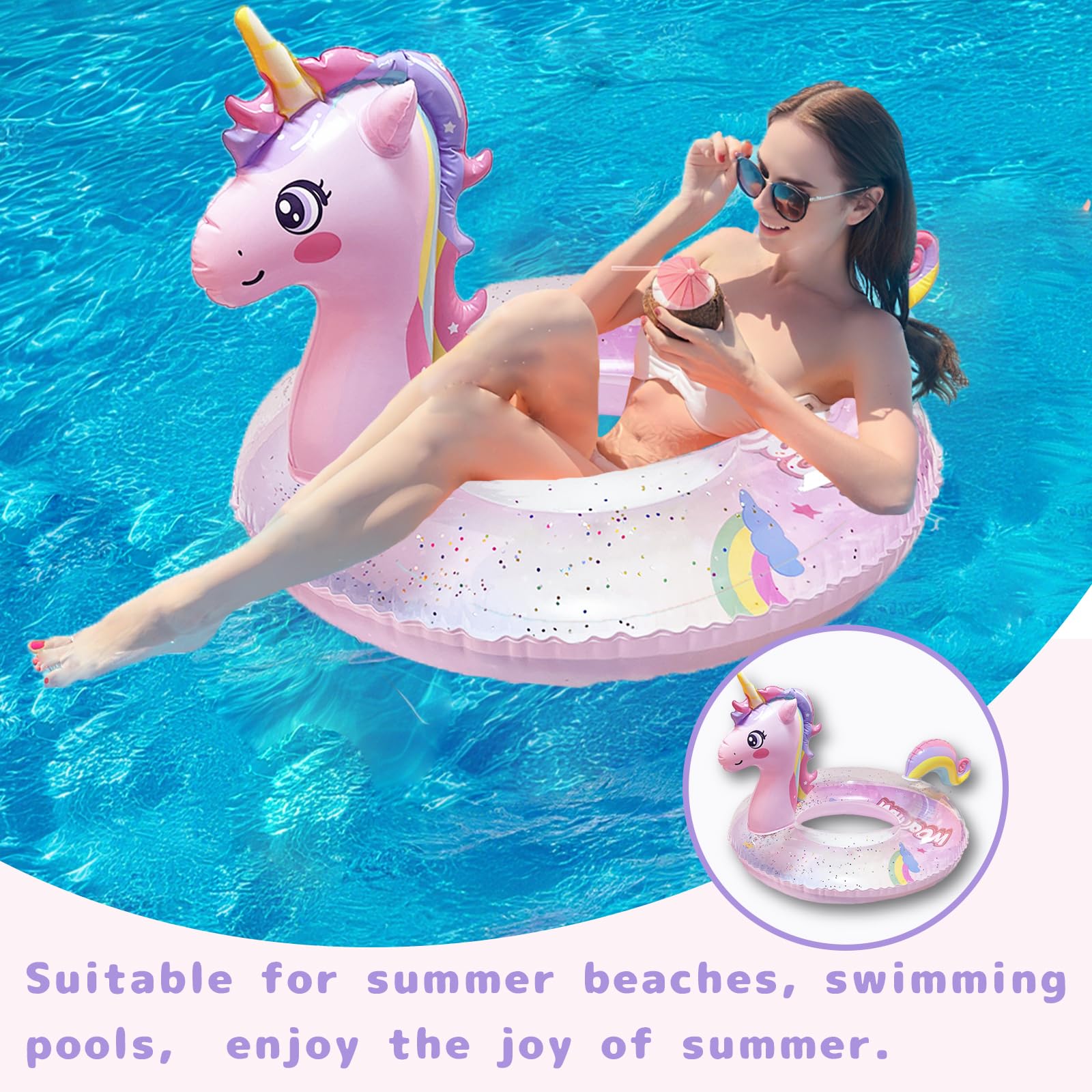 Bouée Licorne Gonflable Avec Confettis - Flotteur Pour Piscine, Plage, été - Enfant Et Adulte - Multicolore