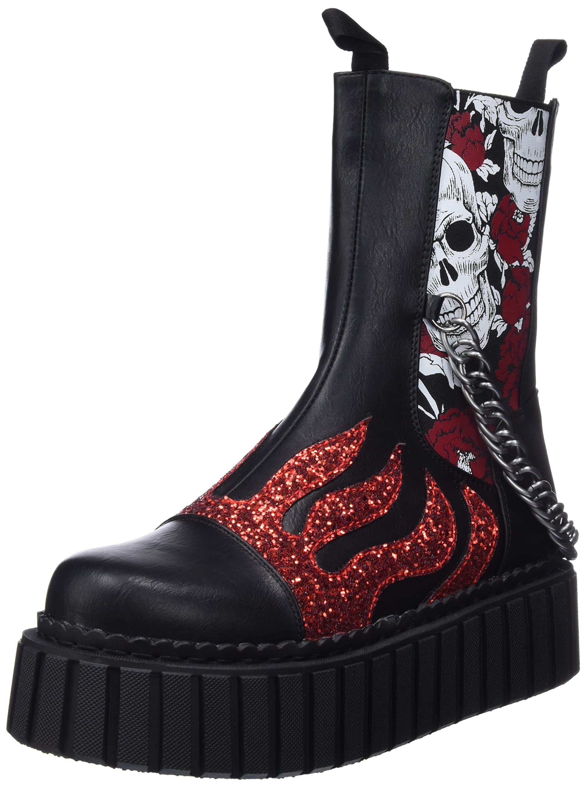 LAMODA - Unforgiving Chunky Creeper High Ankle Boots, EU 41, Black PU Flame, 8.5 UK