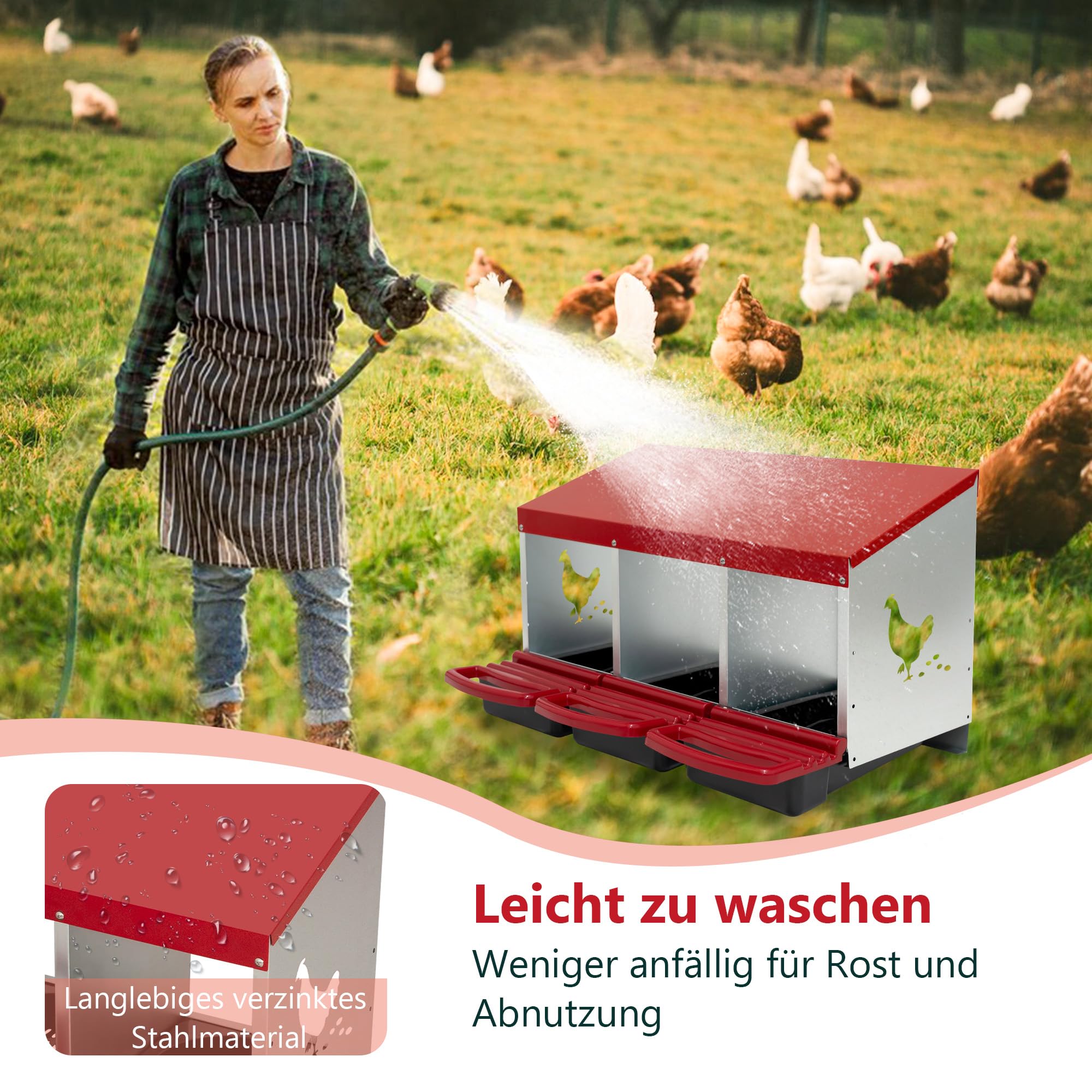 Thanaddo Legenest für Hühner aus Metall mit Lüftungslöchern und geneigtem Boden, 3 Abteilungen Hühnernest hühnerhaus für gelegte Eier zum Aufhängen, LxBxH 81 x 48 x 53,4 cm, Rot