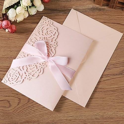 Miniatura 9 de 5.1 x 7.1 pulgadas, 50 invitaciones de boda personalizadas con purpurina dorada cortadas con láser con sobres y bolsillo hueco de rosa con cinta e