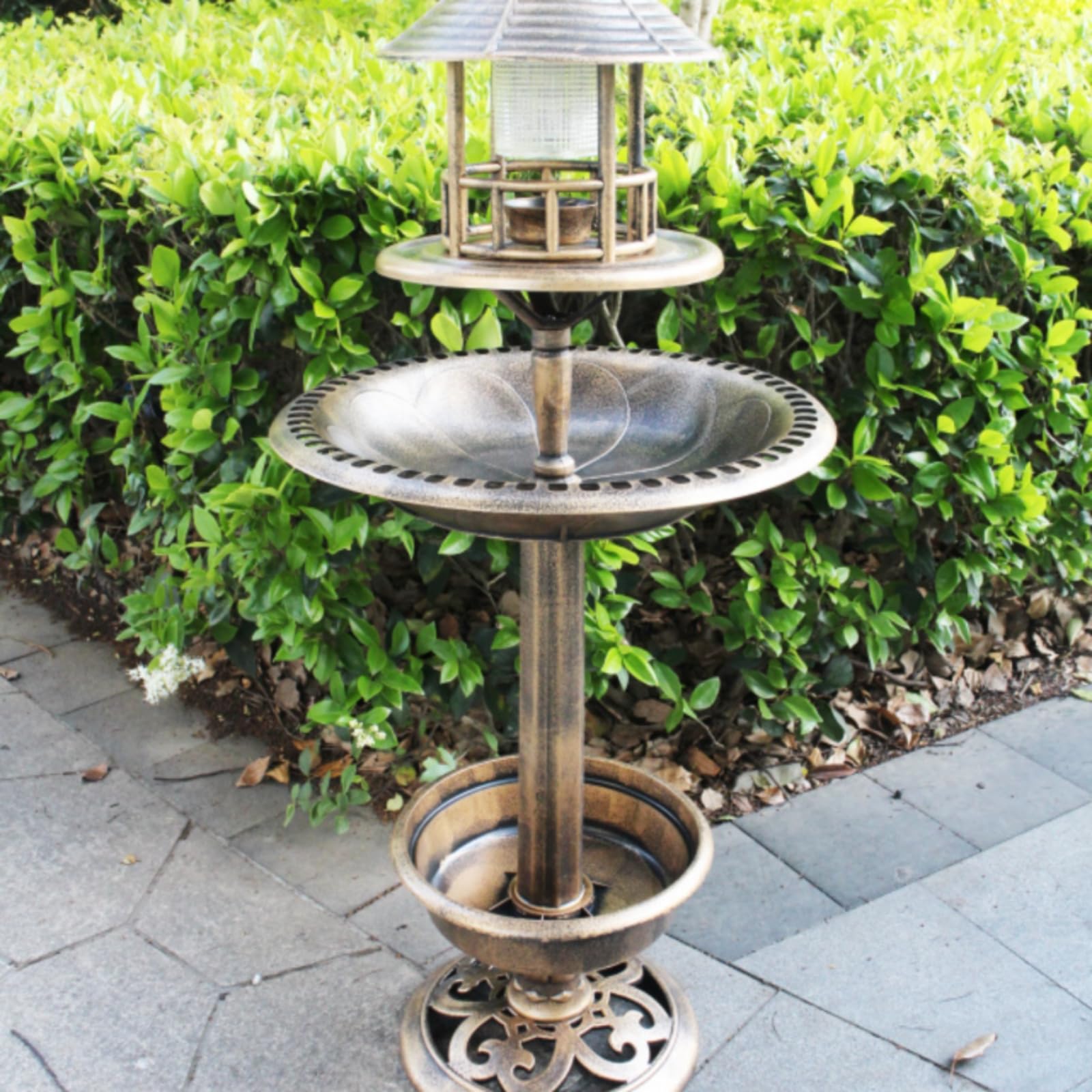 Vogeltränke Freistehend Outdoor Vogelbad Vogeltränke Kombi Klassisches Design mit Laterne Und Led-licht aus für Gärten Rasenflächen Wege, Grün, Antikgrün