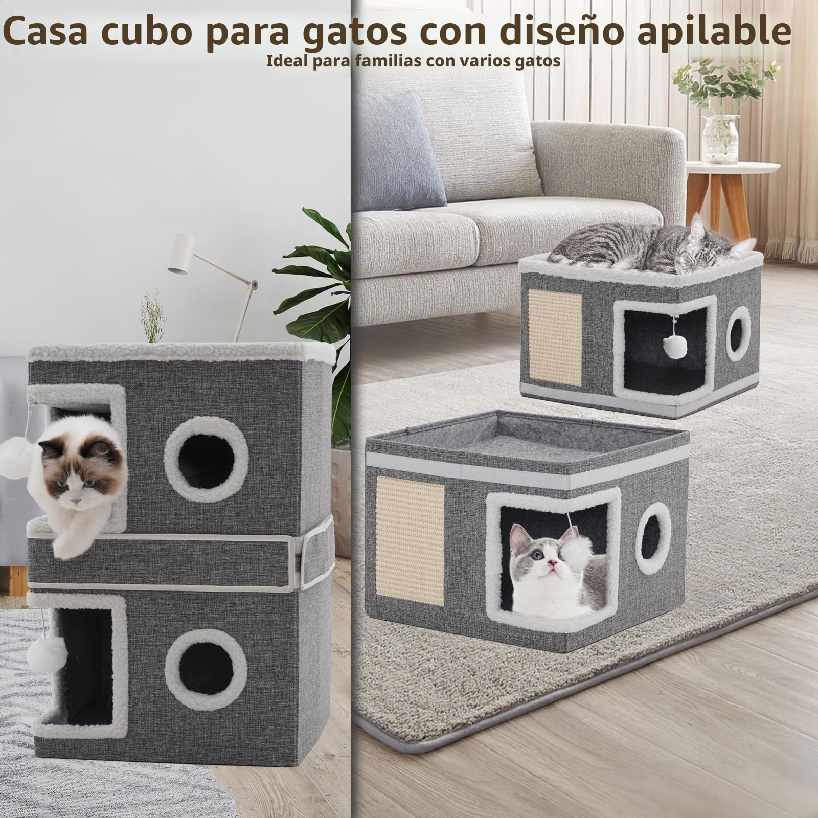 Casa para Gatos para Interiores, Plegable con Tabla para rascar, Pelota de Juego, Cueva para Varios Gatos, 3 Pisos, casa para Gatos, Cama para Gatos, 40x40x63 cm, Gris