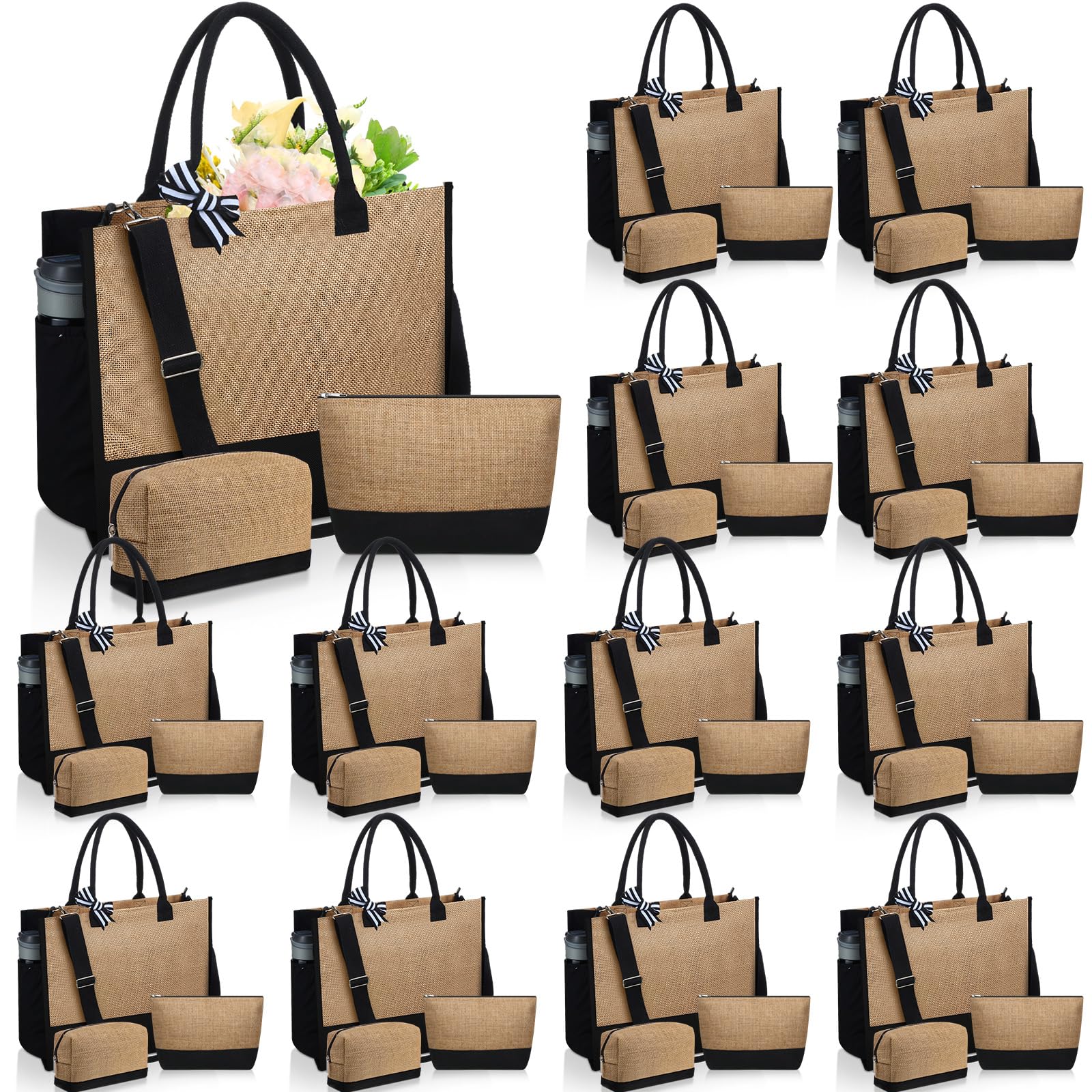 Paterr 36 Pcs Burlap Tote Bags Bulk Jute Tote Bag and Cosmetic Bag Set Burlap Gift for Women Beach Bridesmaid Shopping Travel DIY (Brown)