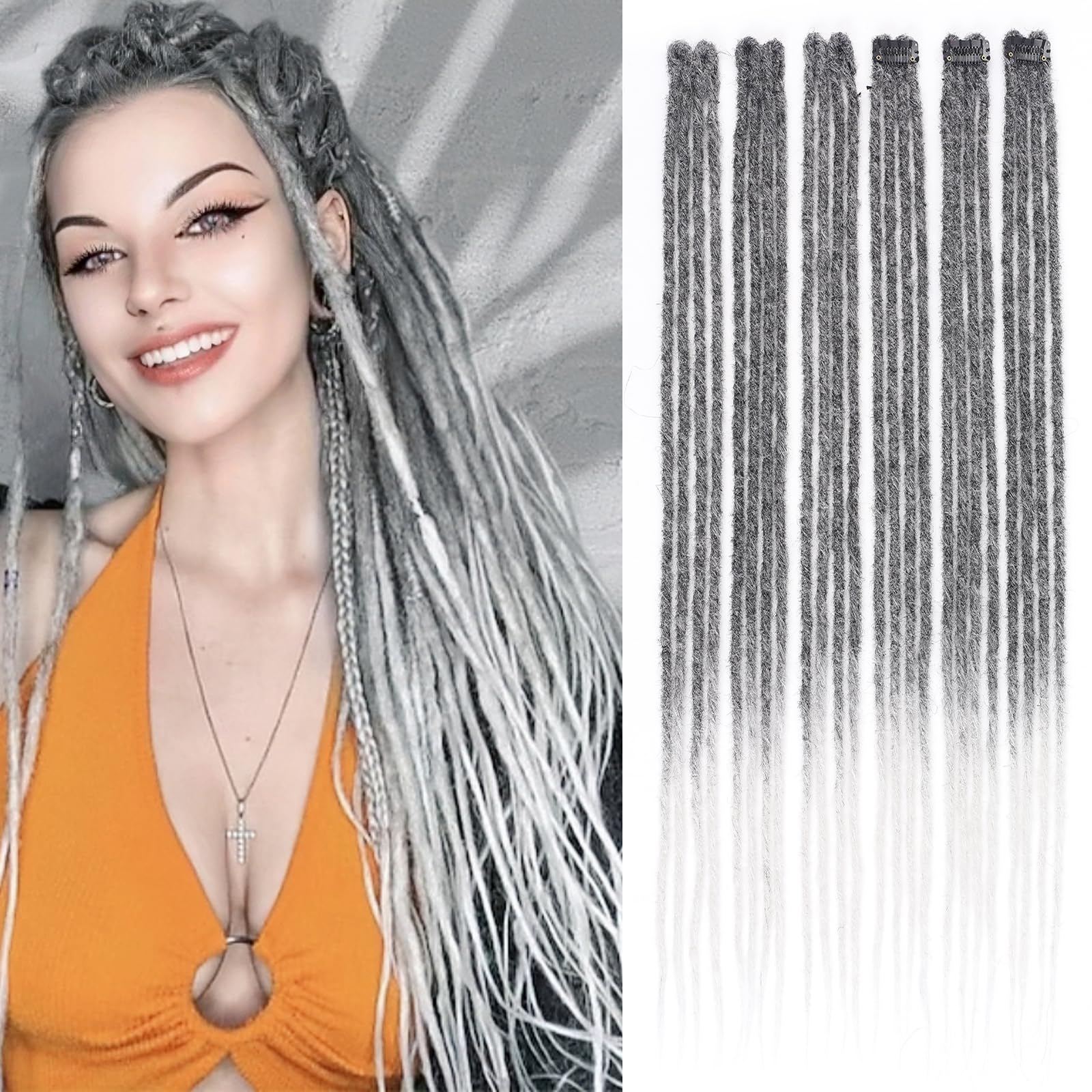 Clip in Dreadlocks Hair Extensions 24 Inch 6 Clips(24strands) Handmade Synthetic Black Clip In Dreads Extensions for Women(T1B/Grey#)