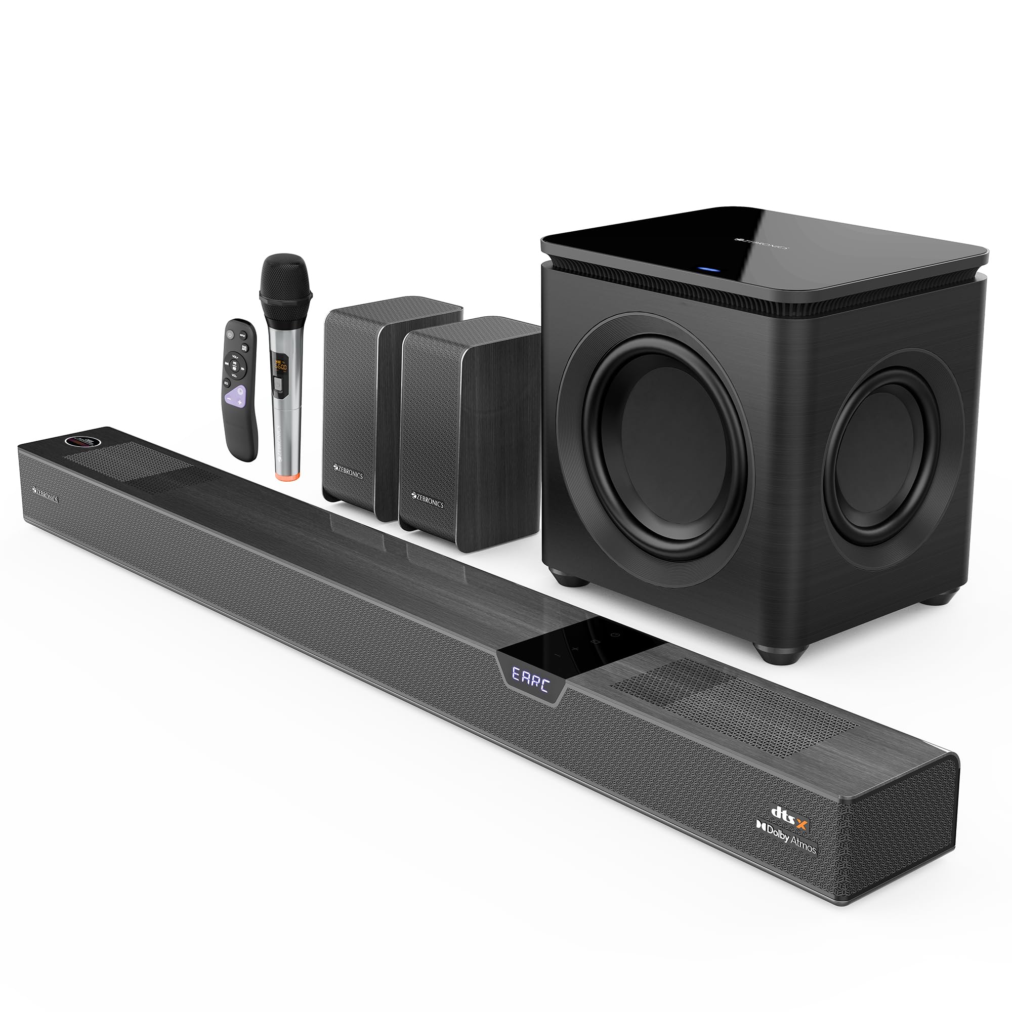 ZEBRONICS 1100 Watts Powerful Soundbar, 7.2.4 Home Theatre, Wireless (Dual Satellites + Dual Driver Subwoofer) Dual Radiators, DTS X, Dolby Atmos, Karaoke UHF Mic, HDMI eARC, Optical (Juke BAR 10000)