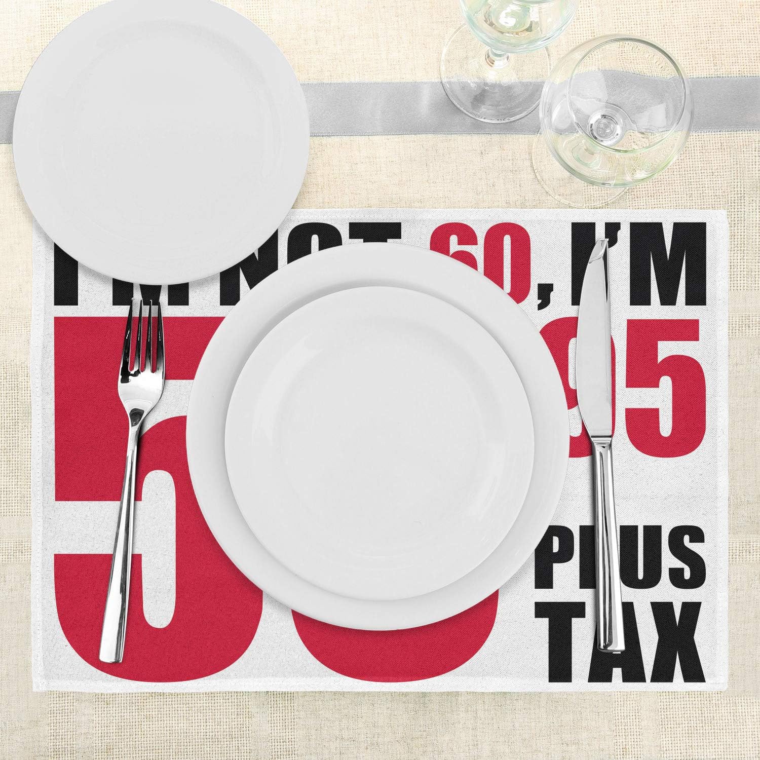 Ambesonne 60th Birthday Place Mats Set of 4, Funny Humorous Party Themed Words in The Elderly Age Image Print, Washable Fabric Placemats for Dining Table, Standard Size, Black Red