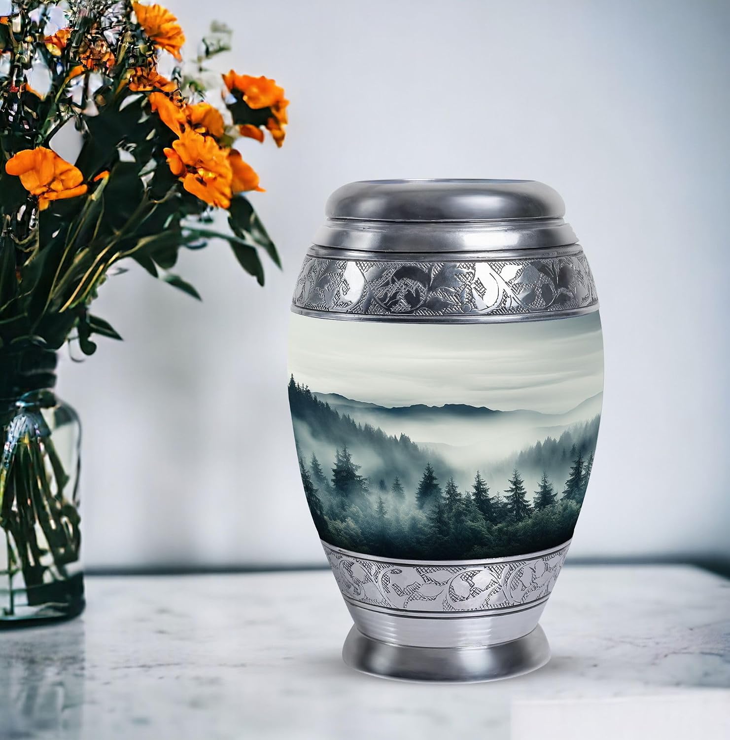 Mountain Forest Landscape Urn for Ashes for Women - Mountain Urns for Human Ashes Adult Female - Cremation Large Urns for Adult Male Dad - Large Funeral Urn for Son 10 Inch
