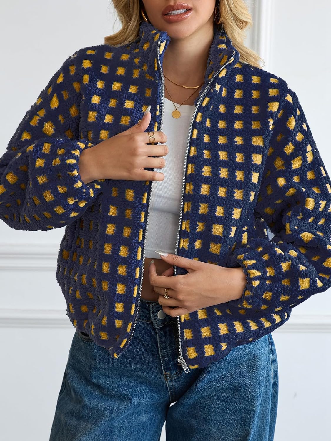 ALSOGO Womens Long Sleeve Checkered Sherpa Jacket Cropped Plaid Fleece Coats Zip Up Casual 2025 Warm Gingham Outwear - Image 2