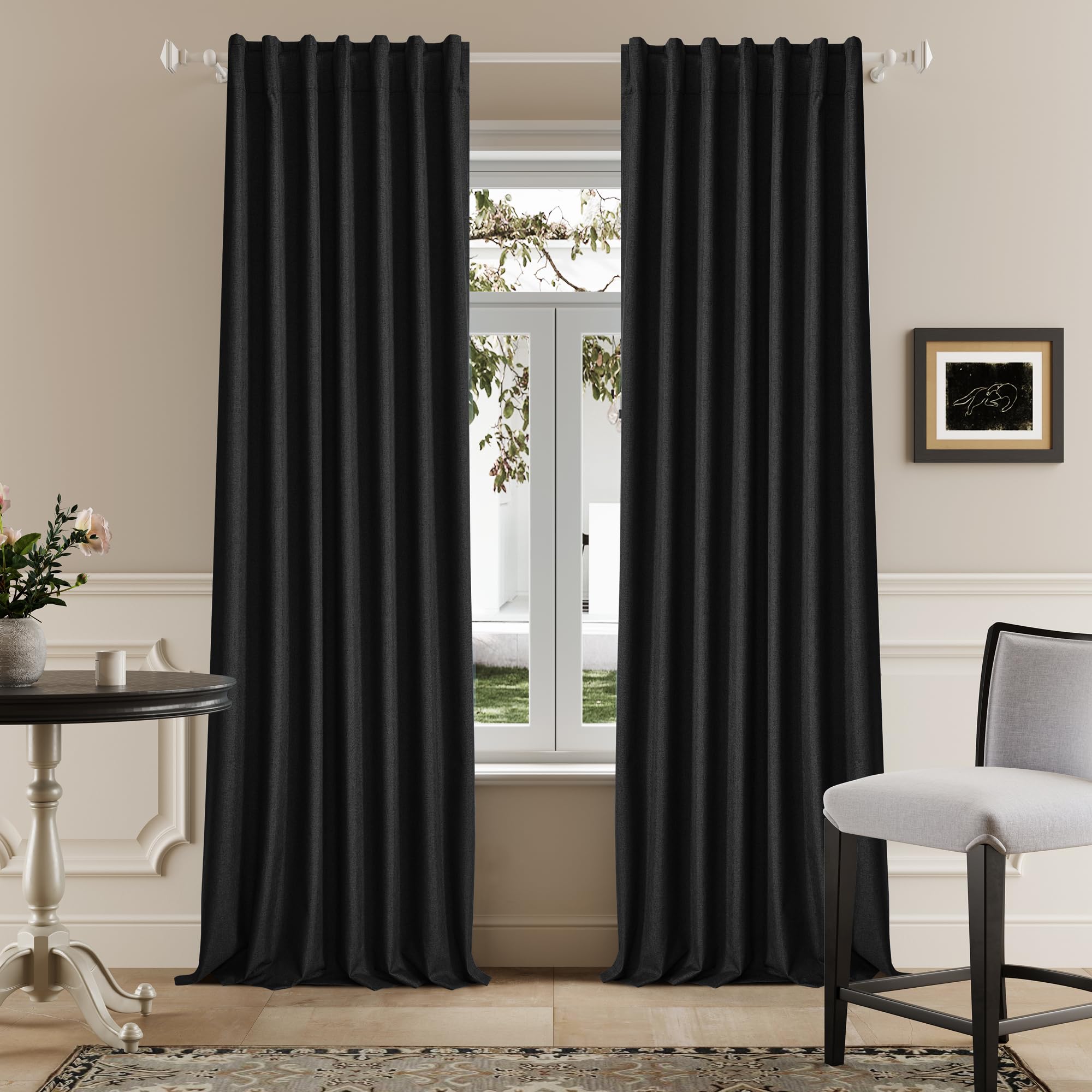 DUALIFE Black Linen Full Blackout Curtains 108 Inch Length 2 Panels Set for Living Opaque Privacy Back Tab Thermal Insulated 100% Black Out Room
