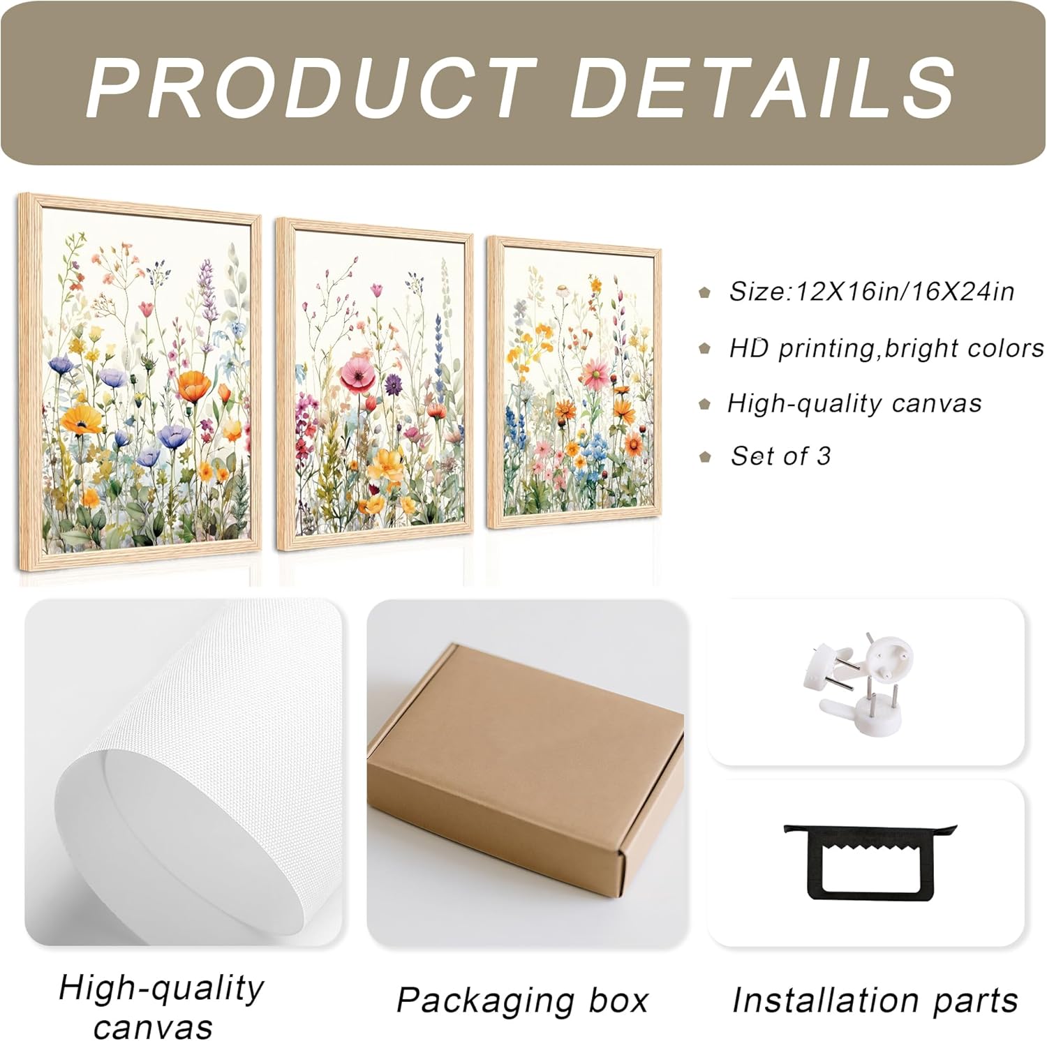 WRFON Wood Framed Colorful Wildflower Wall Art, Minimalist Watercolor Flowers Wall Decor, Colorful Botanical Poster Prints, Vintage Floral Canvas Paintings for Bedroom Bathroom Living Room 12"x16"x3