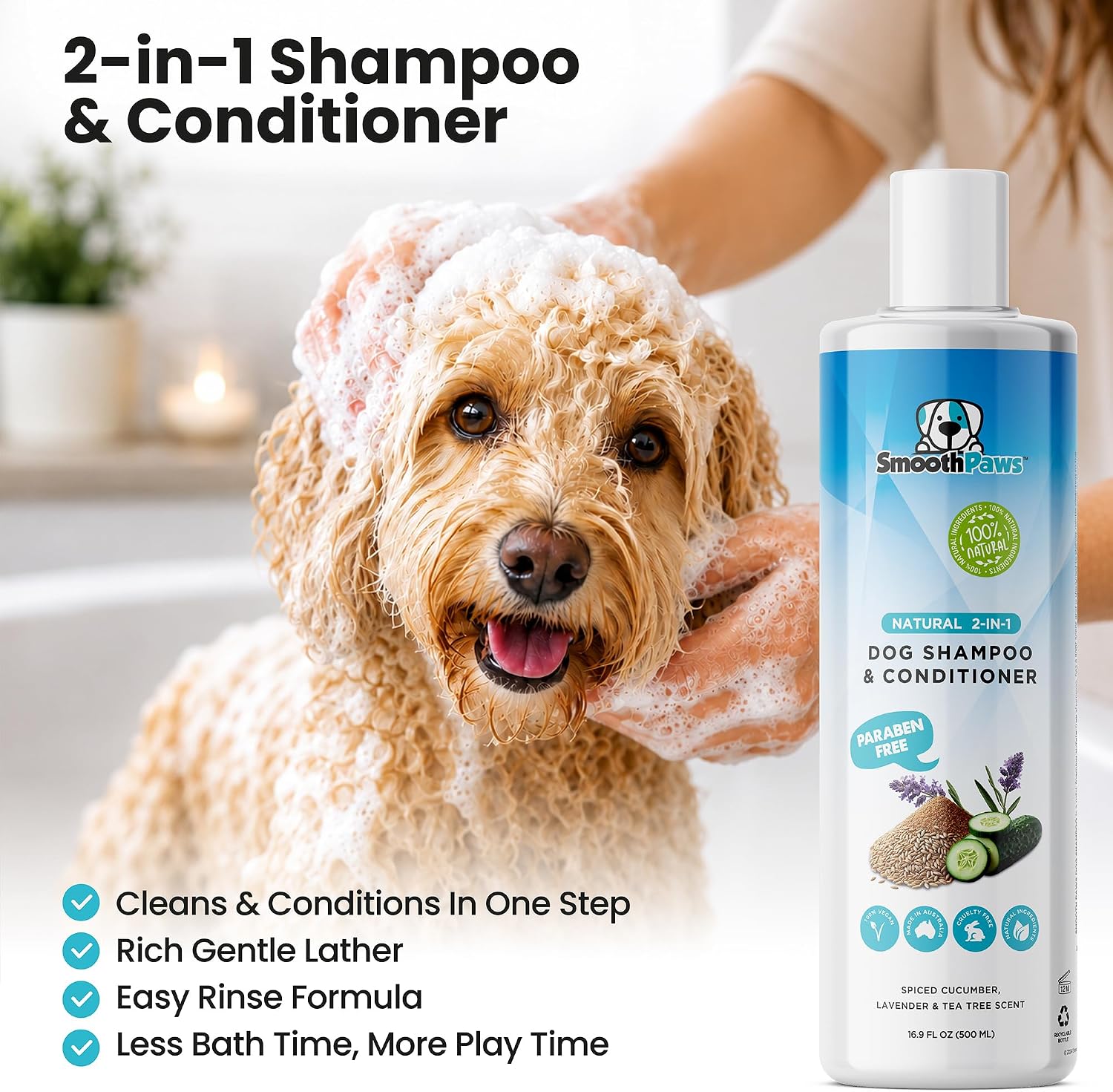 2-in-1 Natural Dog Shampoo & Conditioner – pH-Balanced for Dogs & Puppies | Gentle Oatmeal & Aloe Vera Formula for Sensitive Skin | Spiced Cucumber, Lavender & Tea Tree Scent | 16.9 oz image 3
