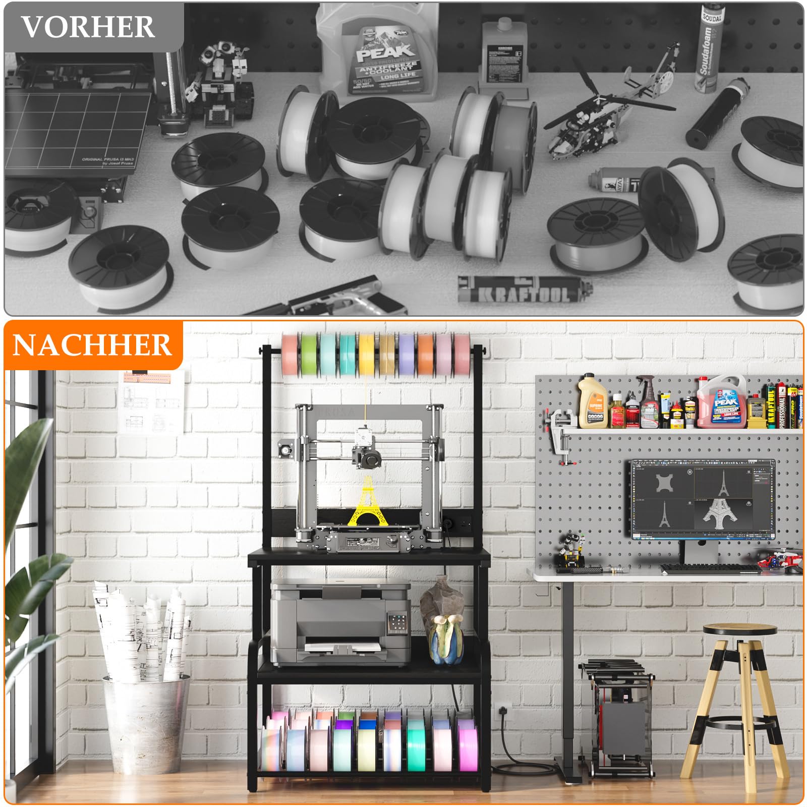 Homieasy 3D-Druckertisch, 74x58 cm,3D Drucker Stand mit Ladestation & Filament-Aufbewahrung, rollbar, für Werkstatt/Büro (Schwarz)