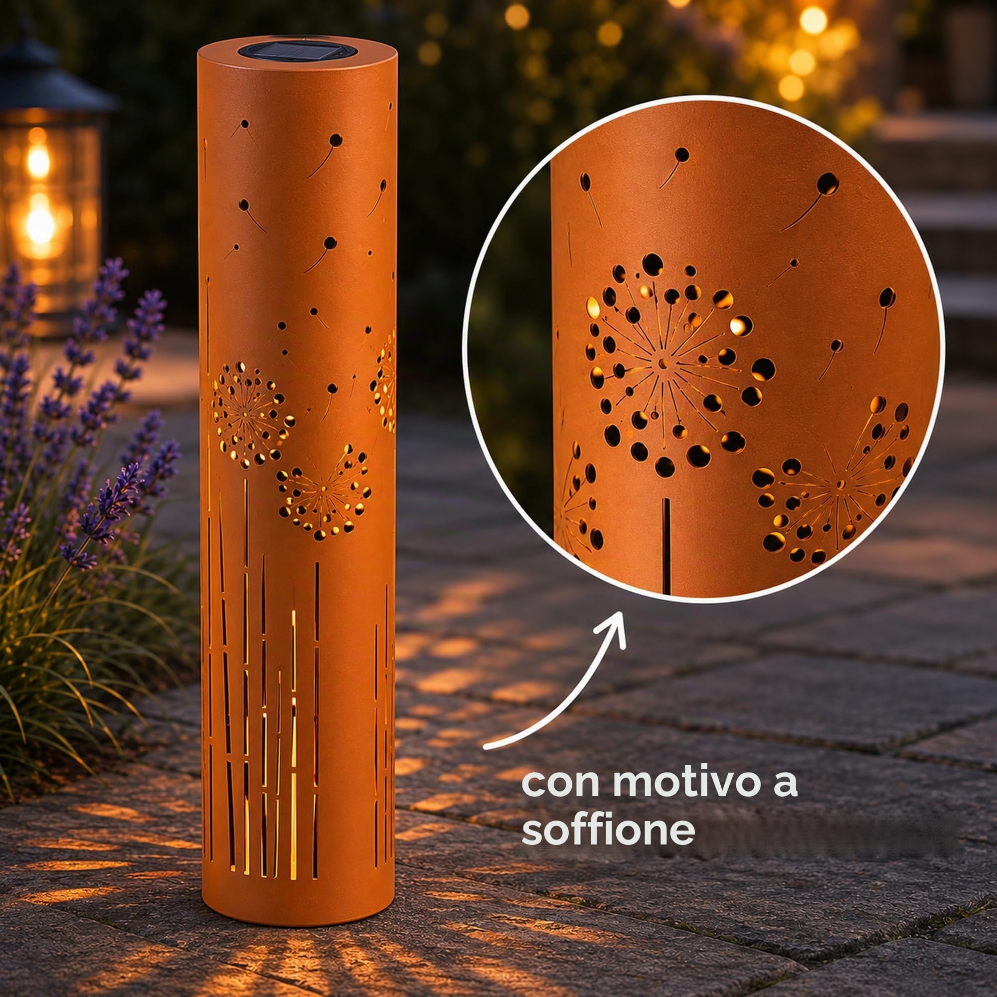 Set di 2 lampade solari UNUS per il giardino 60 cm e 80 cm, con margherita, lampade da giardino per esterni in marrone ruggine, lampada solare per esterni come illuminazione da giardino
