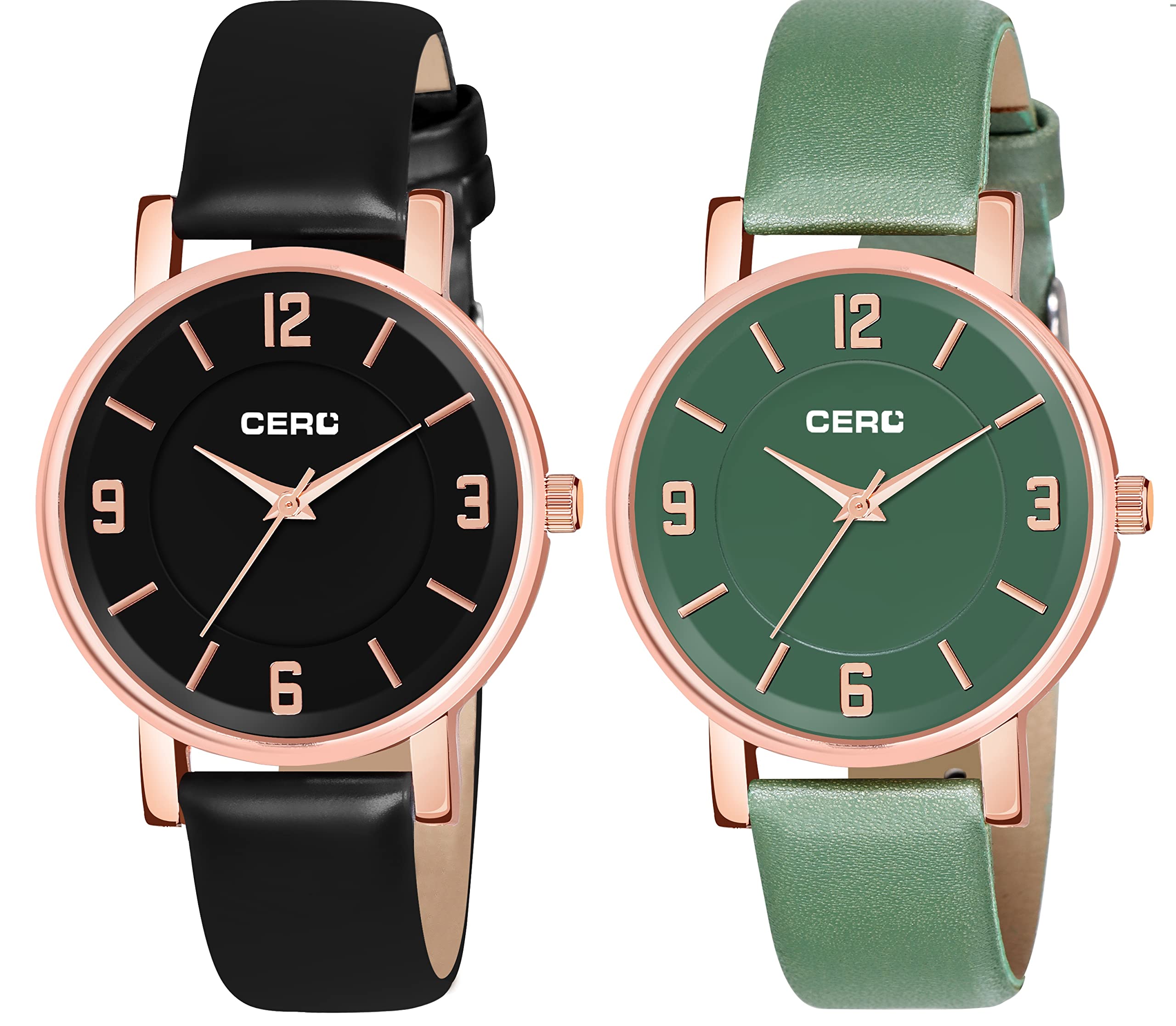 CERO Pack of 2 Analogue Lathers Strap Girls and Womans Wrist Watches (Black-Green) (B0BRJ9Q7W7) Amazon Price History, Amazon Price Tracker