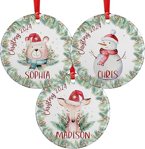 Adorno de Navidad personalizado para niños con nombre y fecha, 6 diseños, cerámica personalizada de 3 pulgadas, adorno de Navidad redondo 2024, Papá