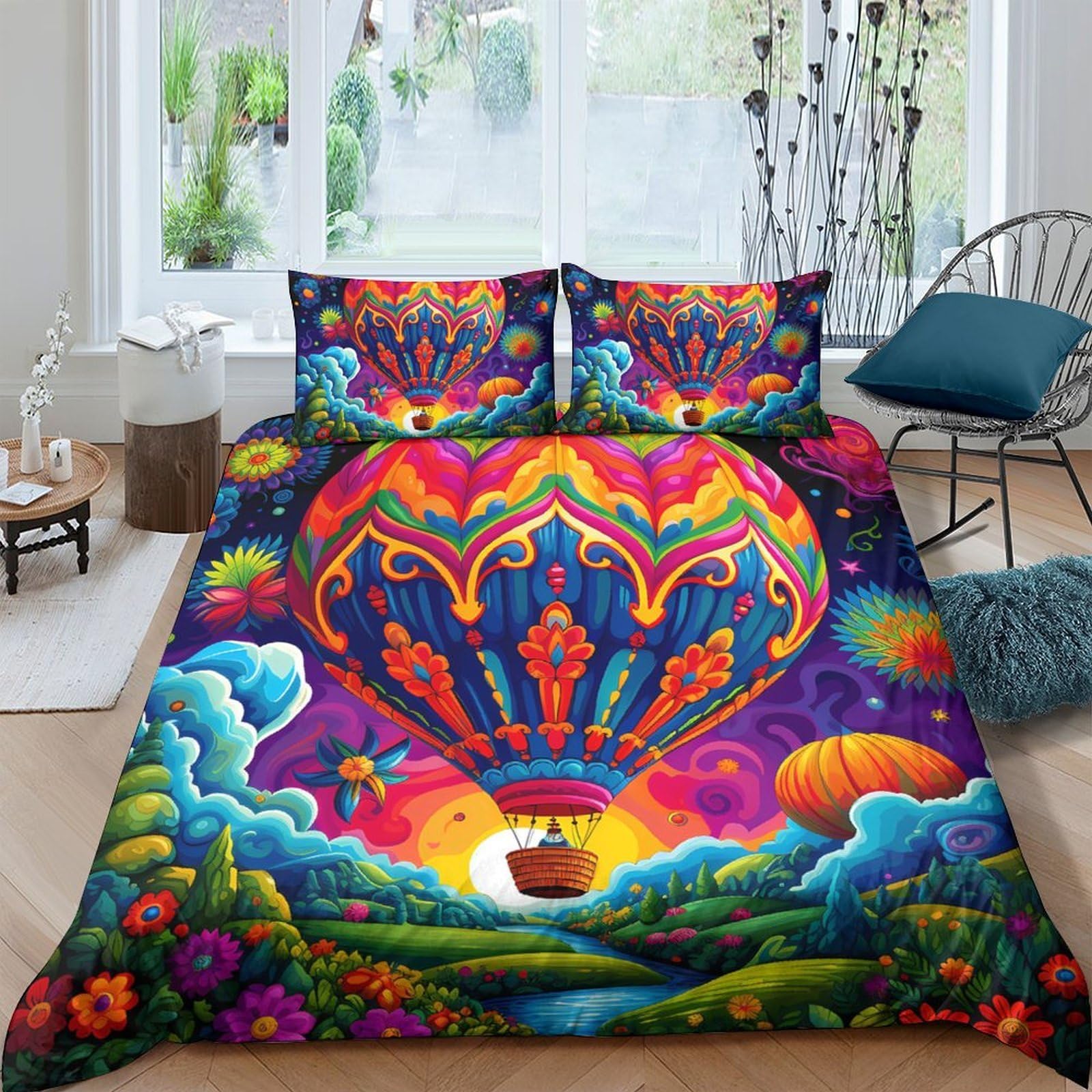 Ctjqhvkz Style-7 3D Printed Hot Air Balloon Fitted Sheet Microfiber Colourful Landscape Bed Cover For Bedroom Guest Room Decor Single（135X200cm）