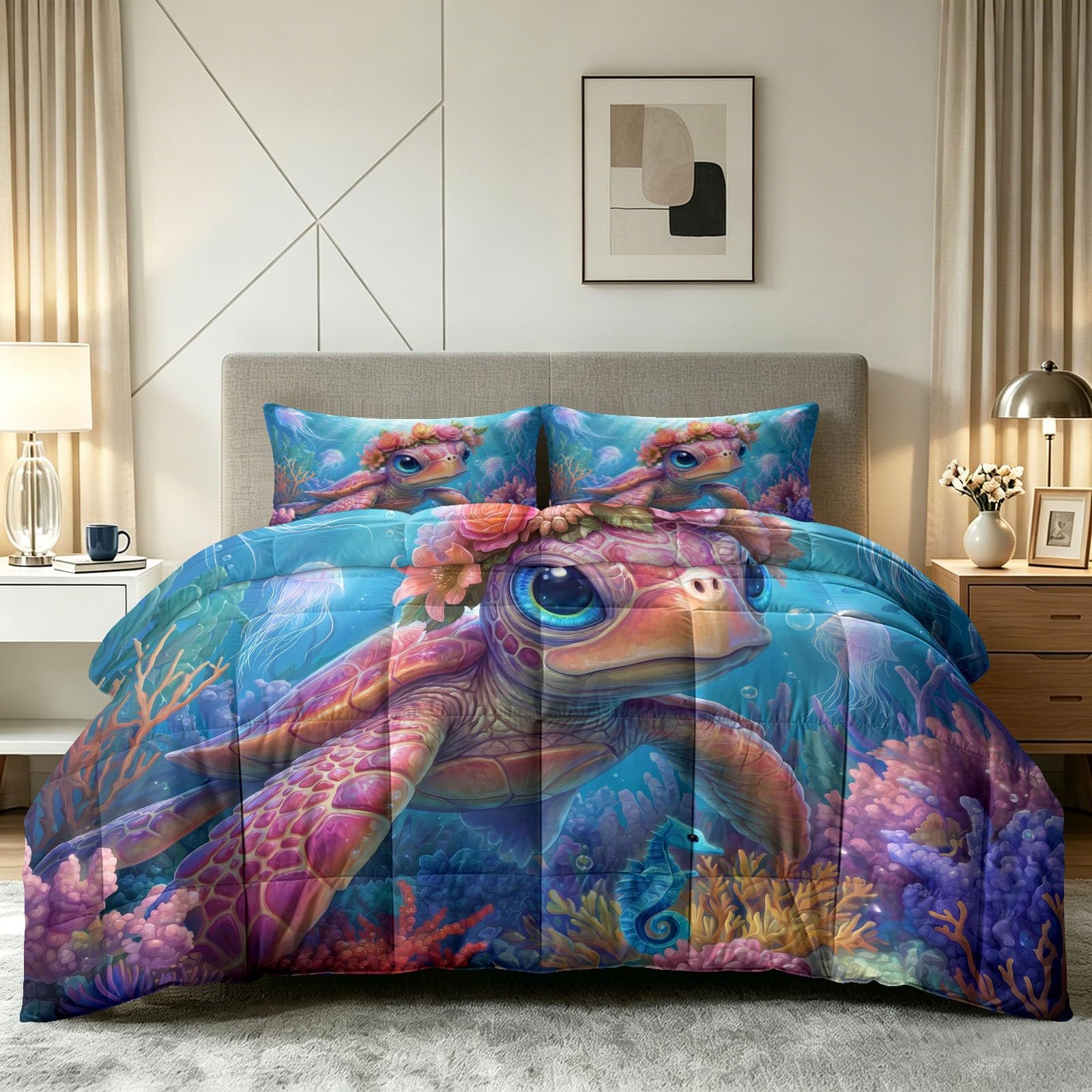 Sommerdecke ohne bezug 155x220 cm Blau Cartoon Tier Blumen Antiallergisch Leichtsteppbett & Ganzjahresdecke - Waschbar mit 2 Kissenbezügen Meeresschildkröte Blumenkranz Weiche und Atmungsaktive Wende