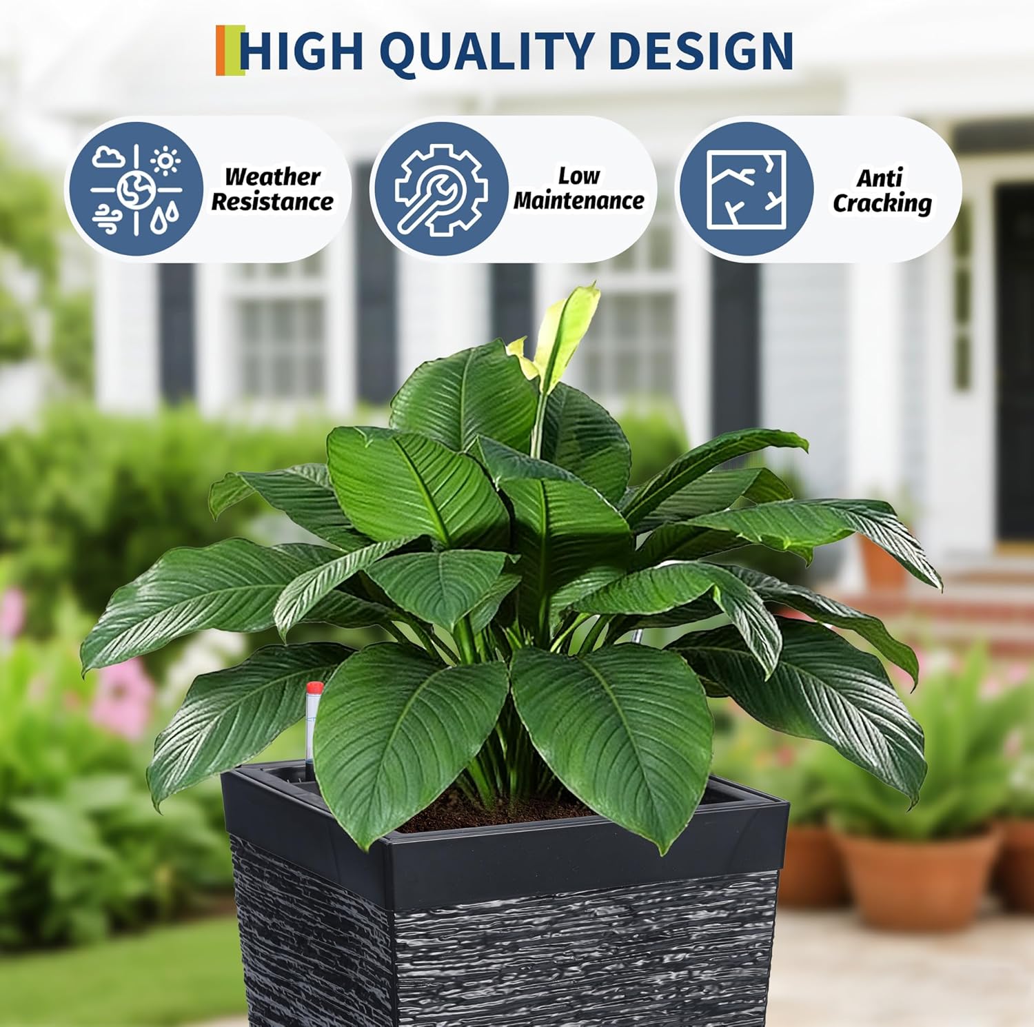 Garvee 16" Tall Planters Set of 2, Self Watering Tall Planters, Outdoor＆Indoor Planter Pots, High Front Porch Planters Pots with Drainage Holes＆Water Level Monitor, Black