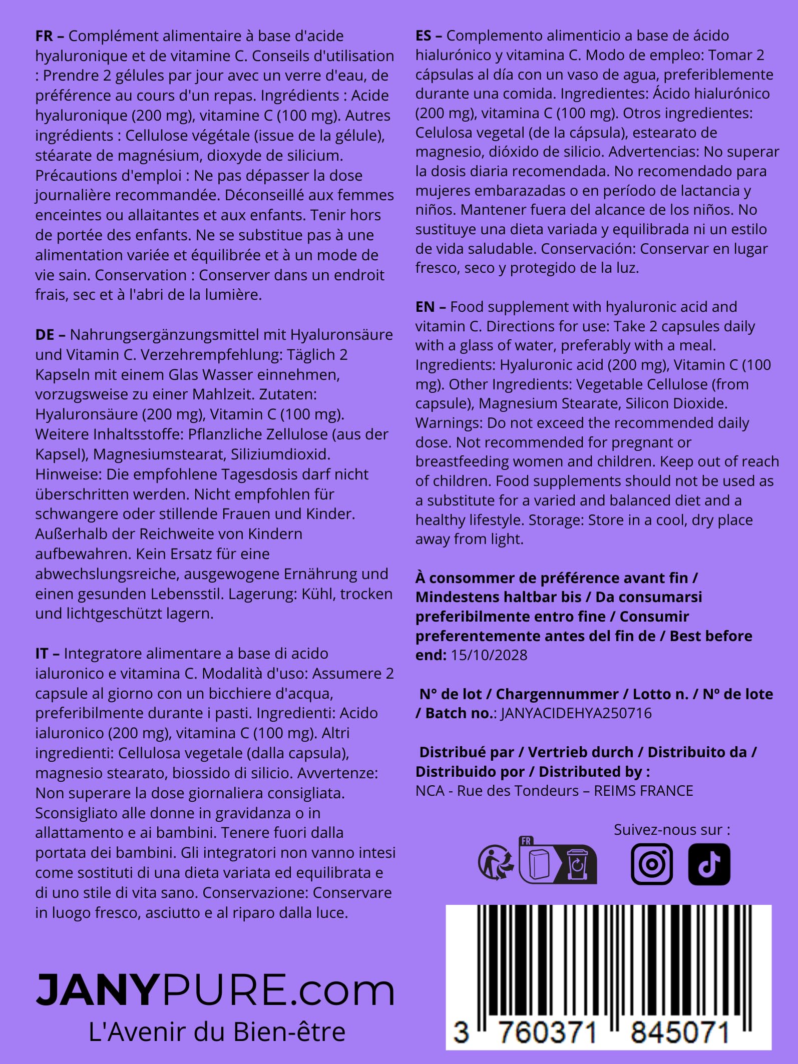 Ácido Hialurónico Puro 400 mg + Vitamina C 200 mg | Complejo Antienvejecimiento y Antiarrugas | Hidratación Intensa Piel, Brillo del Tinte y Articulaciones | Magnesio y Silicio | 60 Cápsulas Veganas |